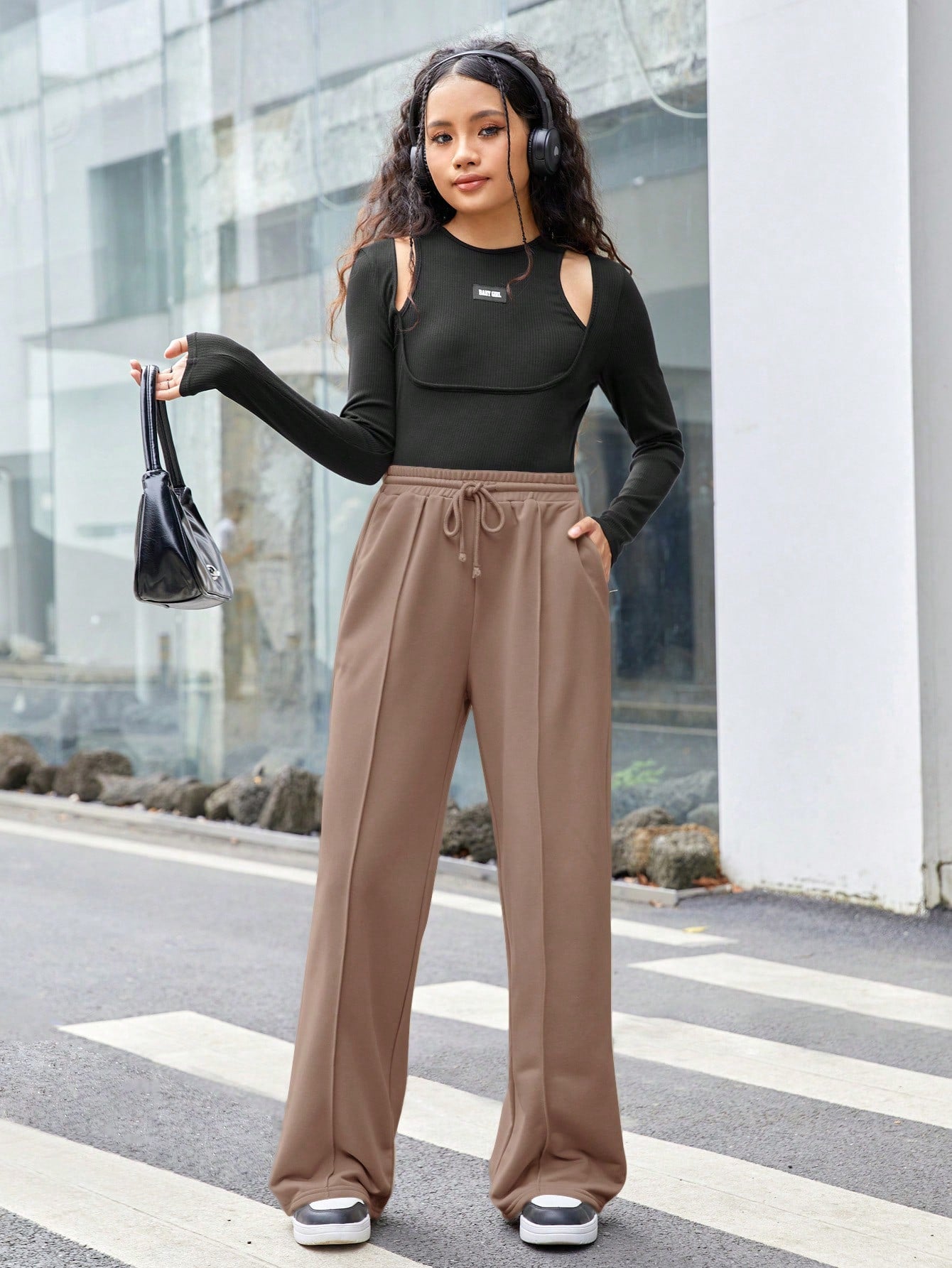 Teen Girl Knitted Solid Color Baggy Sports Pants With Slanted Pockets