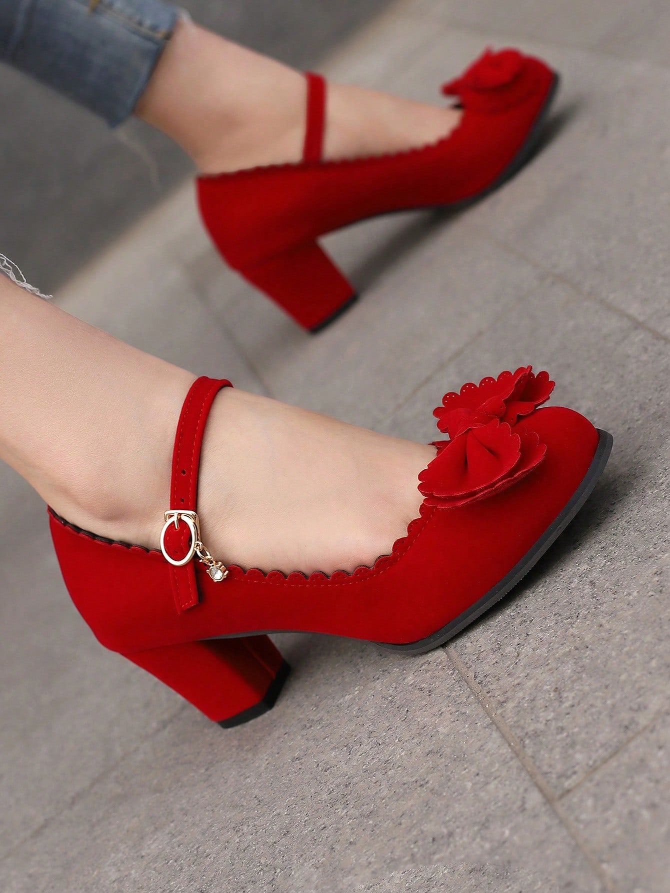 Date Night Red Mary Jane Faux Suede Chunky Heel Shoes With Buckle For Women