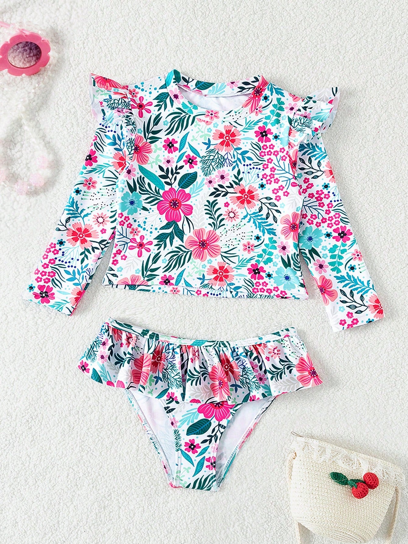 Young Girl Two-Piece Floral Print Swimsuit With Long-Sleeved Sun Protection Rash Guard For Summer