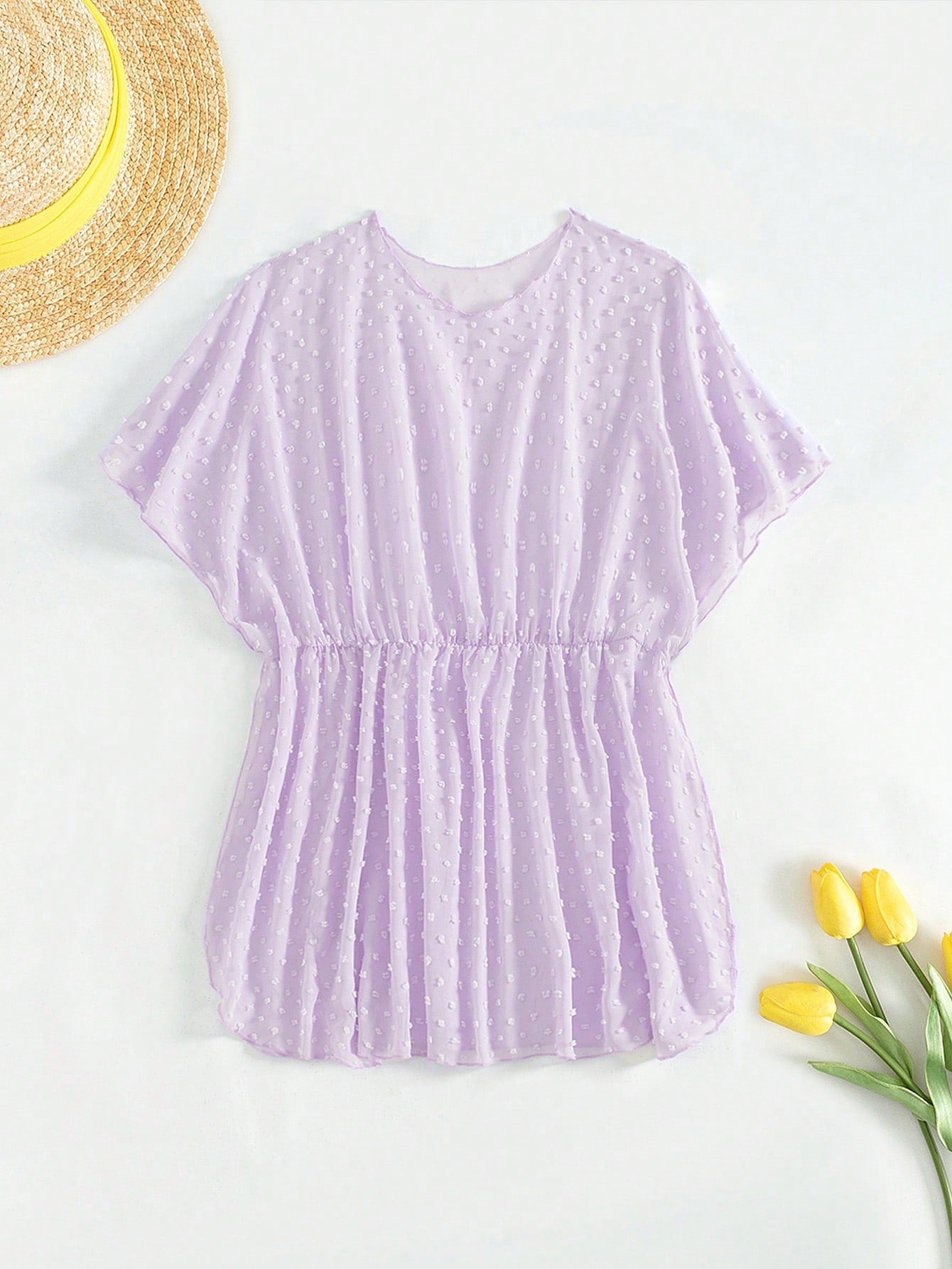 Tween Girl Purple Chiffon Batwing Sleeve Swimsuit Cover-Up