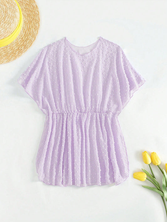 Tween Girl Purple Chiffon Batwing Sleeve Swimsuit Cover-Up