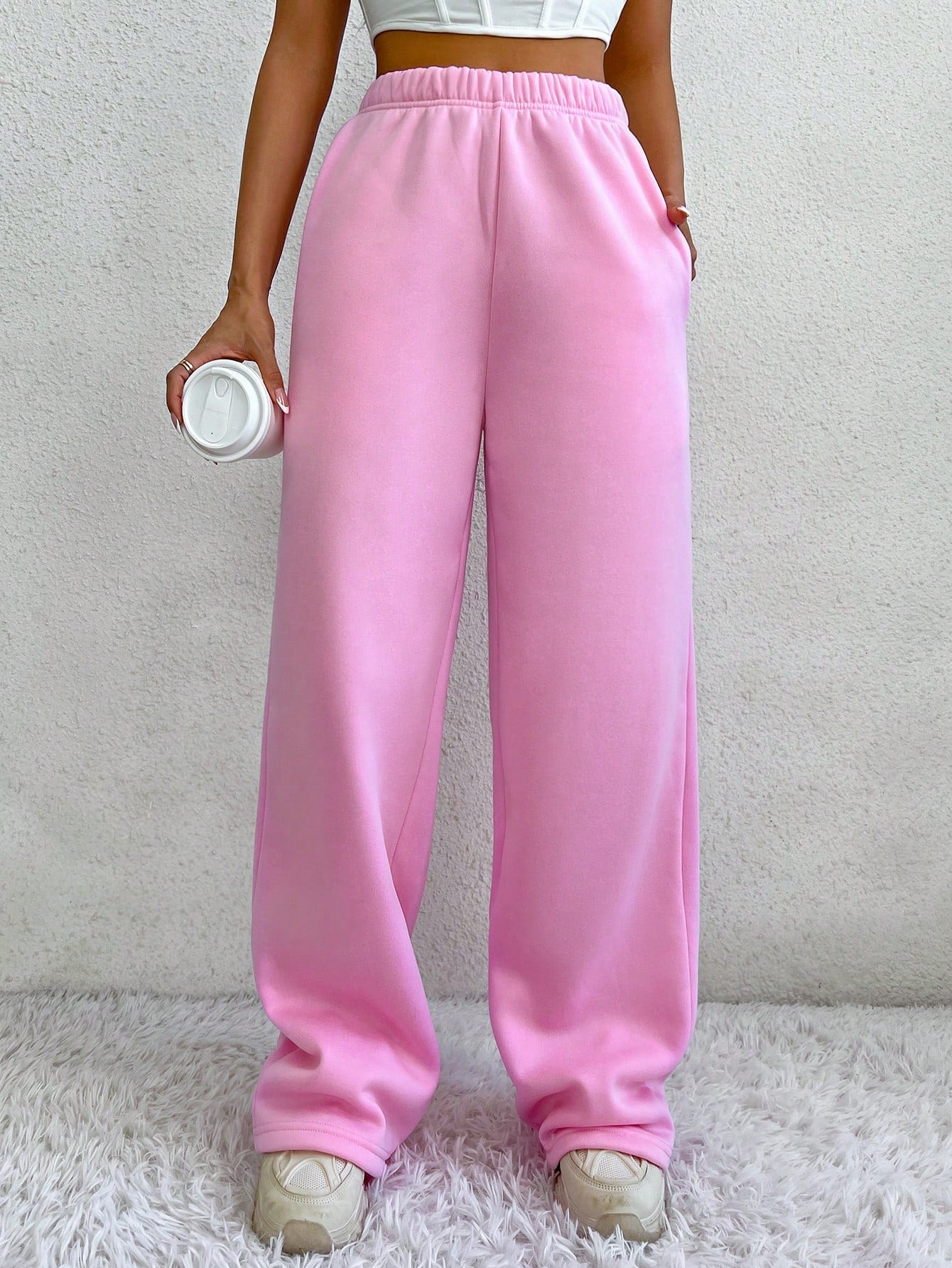 Solid Slant Pocket Wide Leg Sweatpants