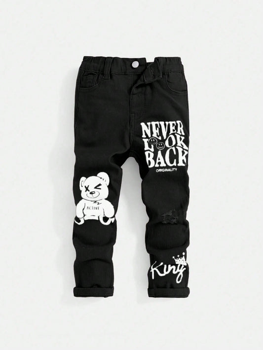 Young Boy Cartoon & Letter Printed Denim Jeans