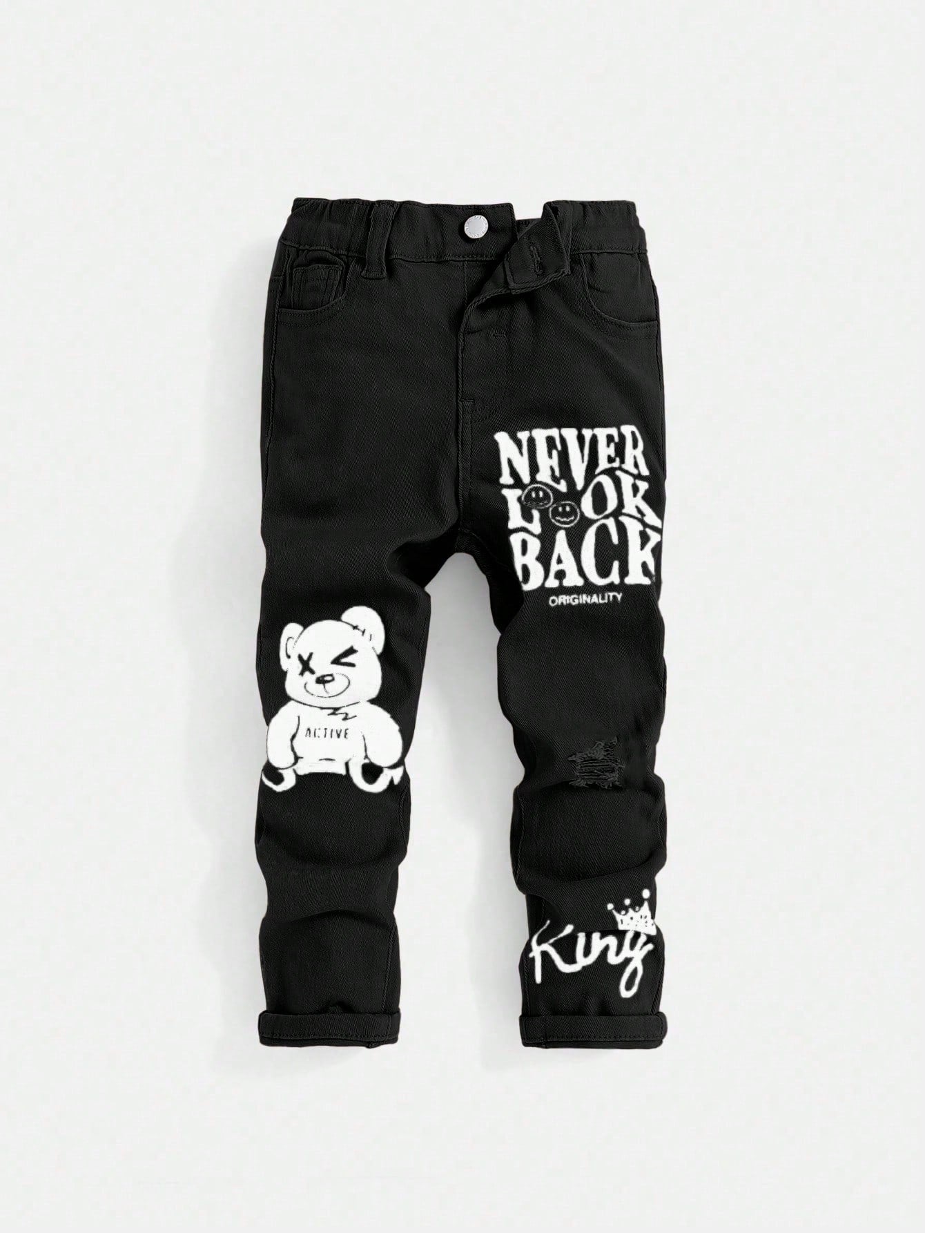 Young Boy Cartoon Bear And Text Print Jeans