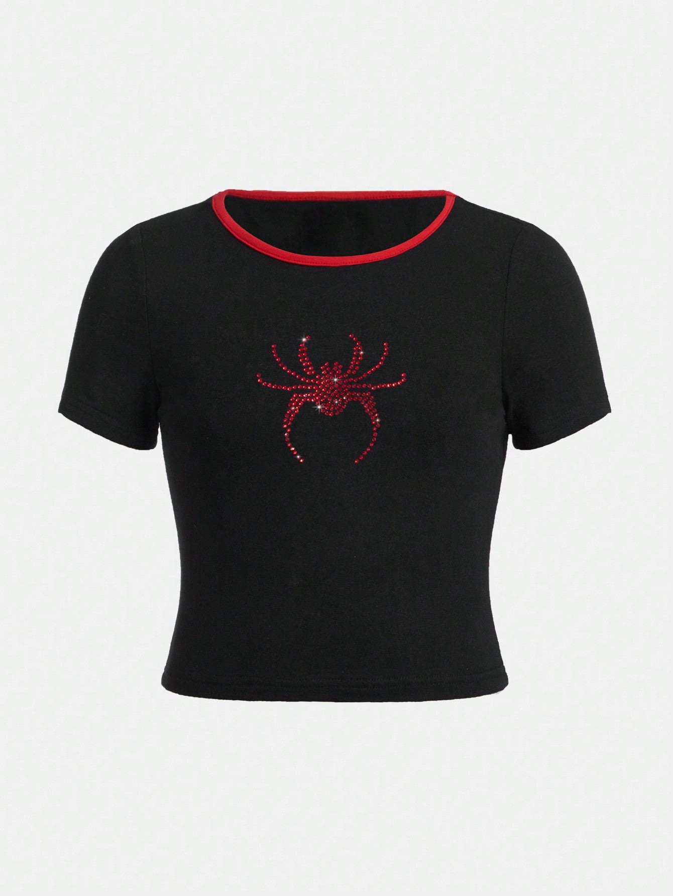 Tween Girl Spider Pattern Knit Round Neck Short Sleeve T-Shirt, Sporty Style