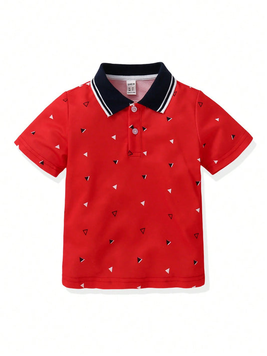 Young Boy Daily Comfortable Geometric Print Short Sleeve Polo Shirt For Spring And Summer