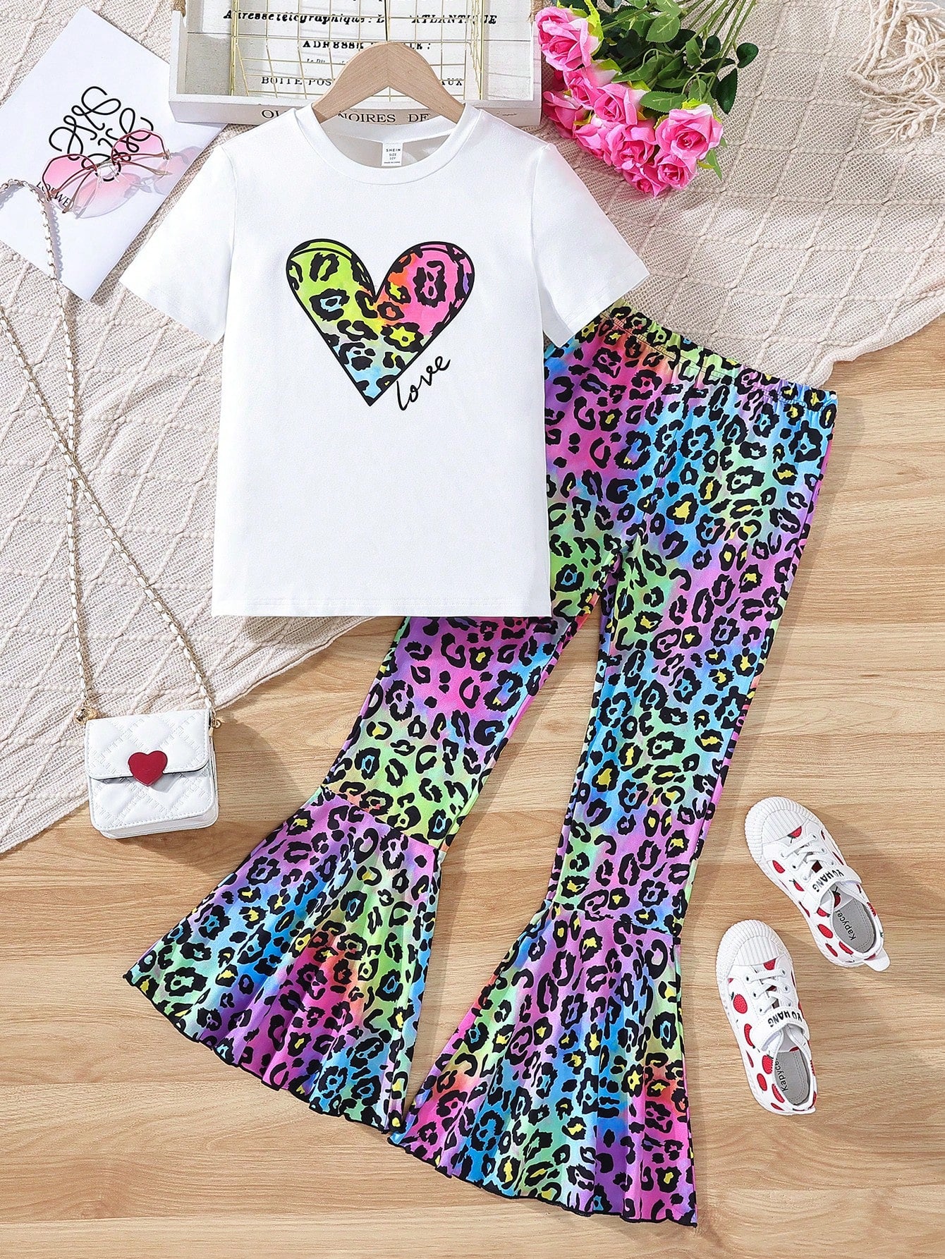 Tween Girls Heart Letter Print Short Sleeve T-Shirt And Flare Pants 2pcs Set