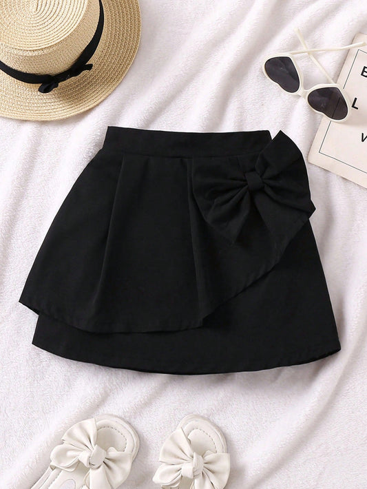 Young Girl Solid Color Ruffle Hem Skirt With Bowknot Detail