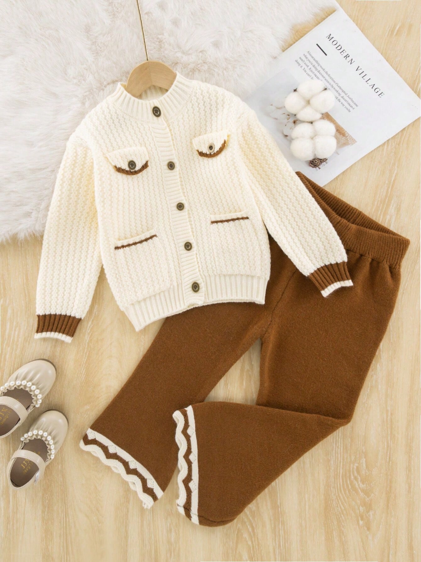 Young Girl Contrast Trim Cardigan & Flare Leg Knit Pants