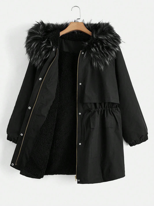 Plus Fuzzy Trim Drawstring Waist Hooded Parka Coat