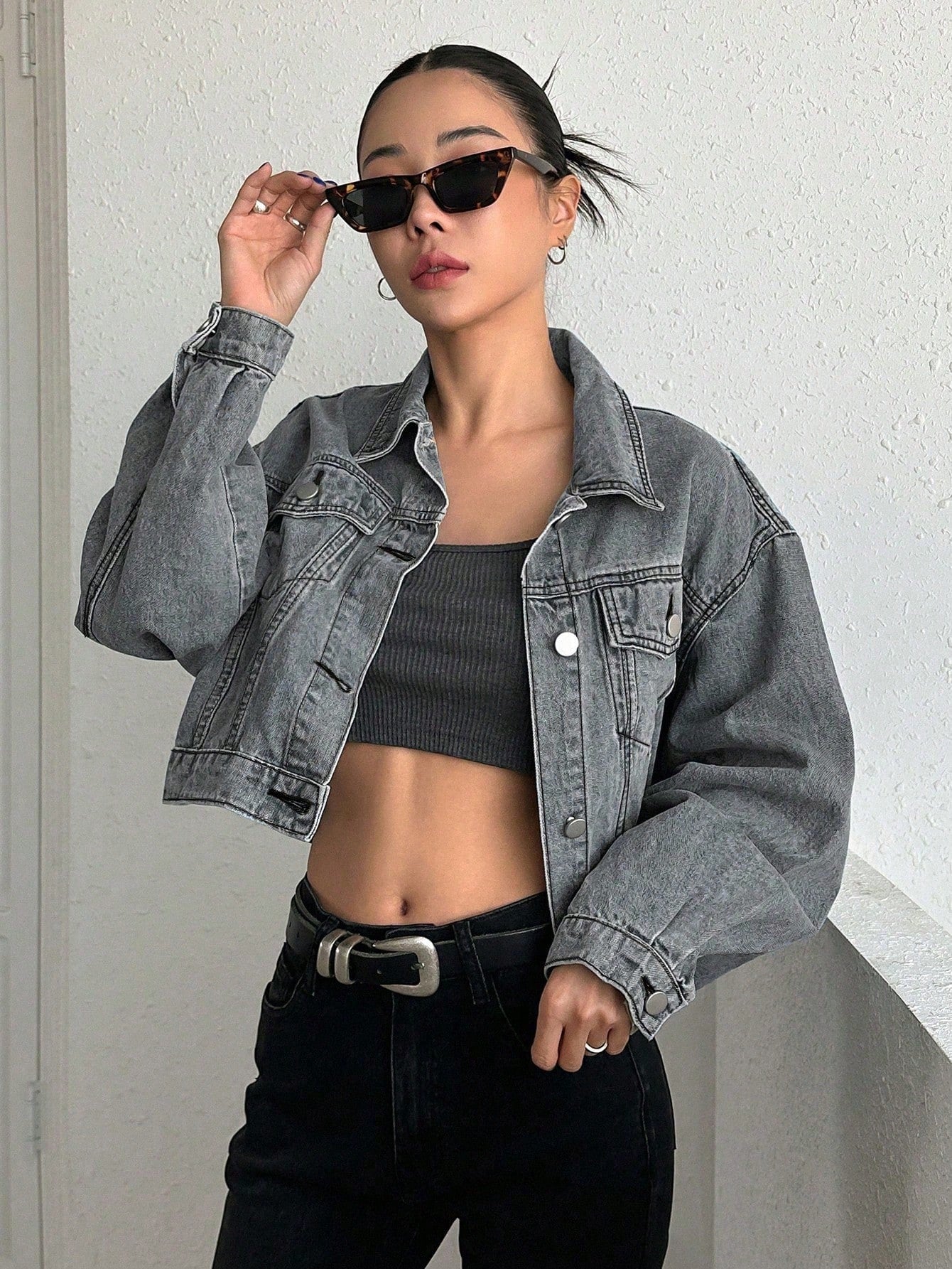 Drop Shoulder Crop Denim Jacket