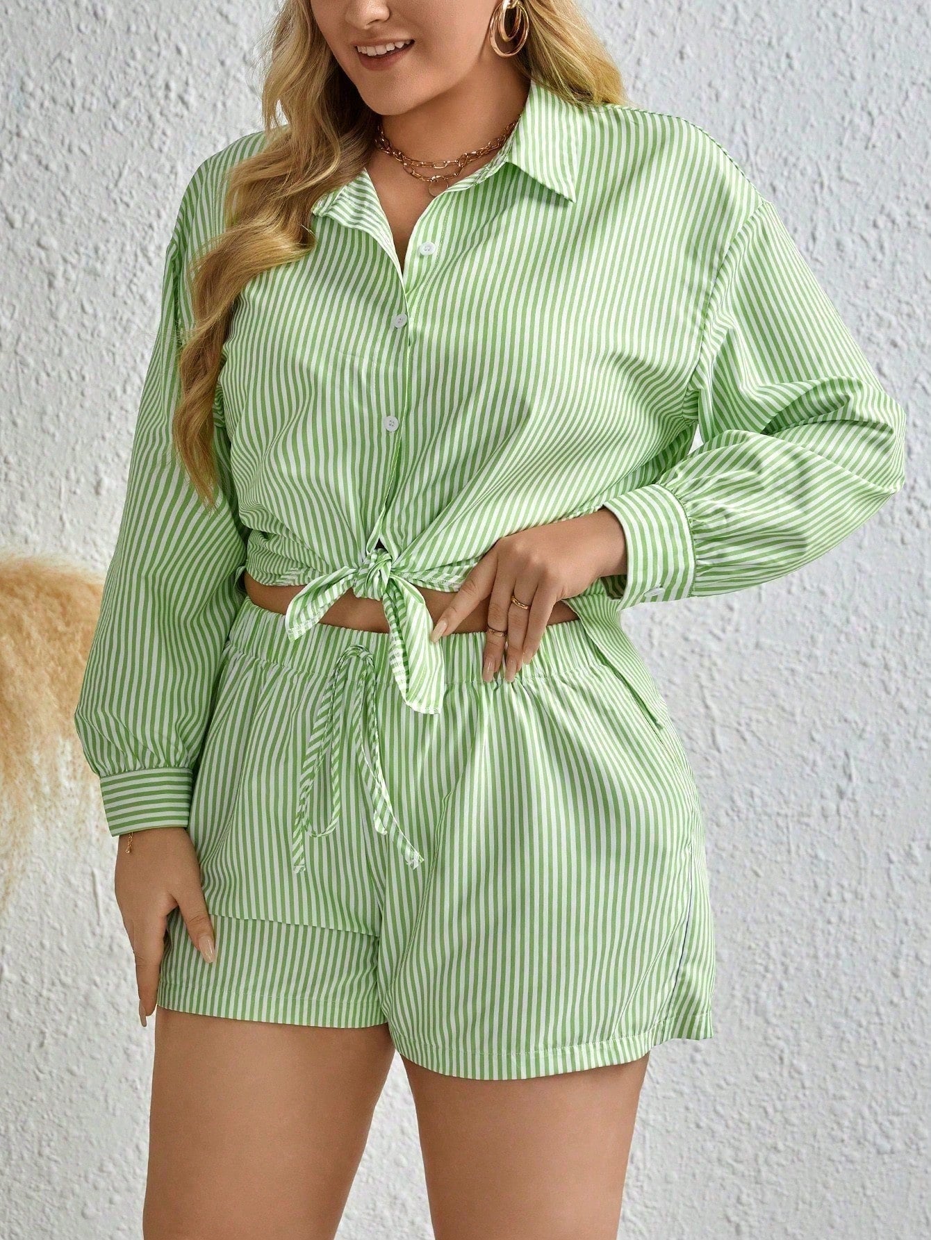 Plus Size Striped Long Sleeve Shirt And Shorts Casual Two Piece Set Short Sets Summer