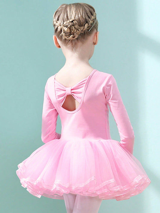 Tween Girl Pink Long-Sleeve Puff Tulle Ballet Dress With Hollow Out Butterfly Knot On Back For Dance And Sports