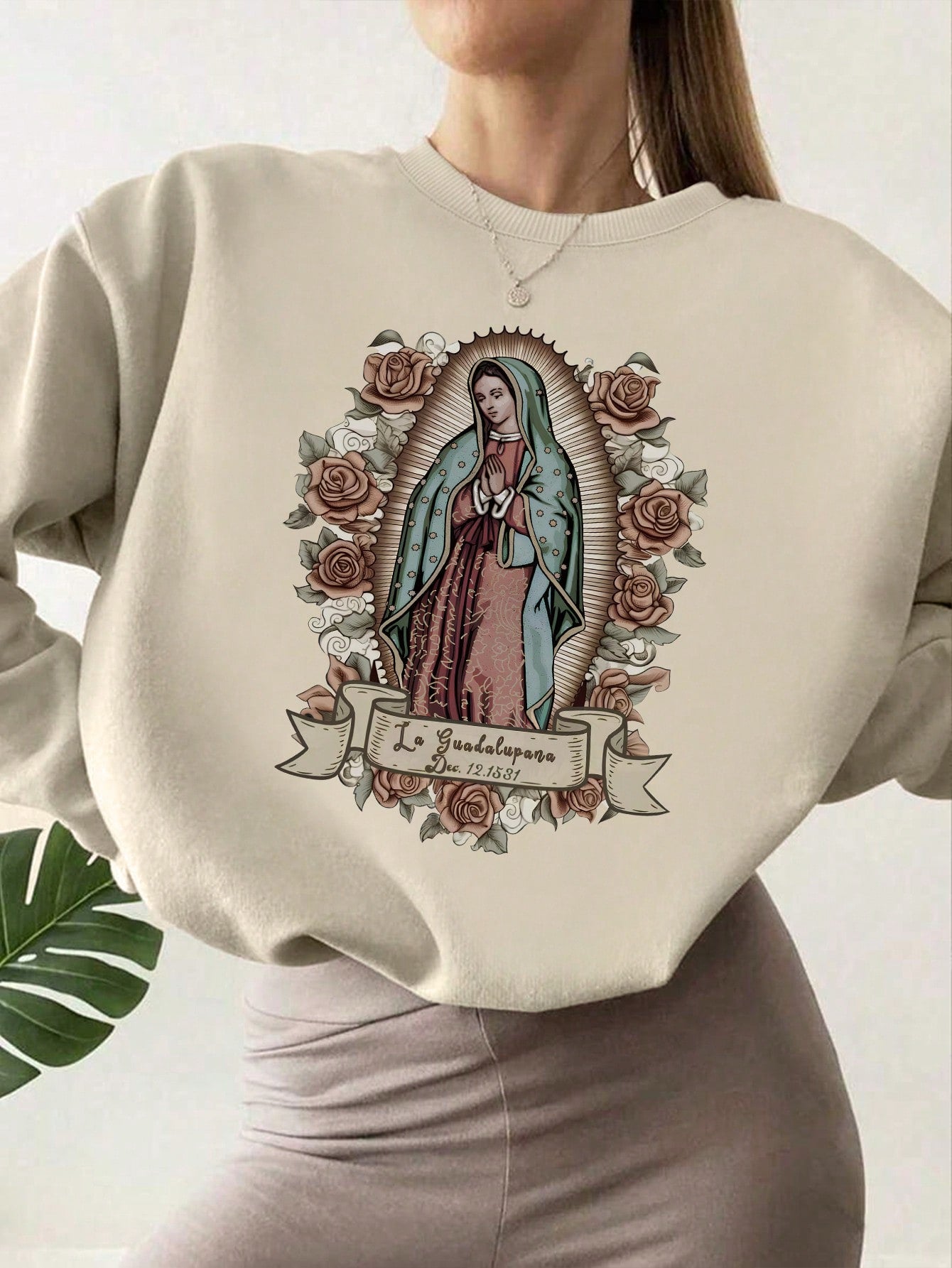 Virgin Mary Floral Print Fleece Sweatshirt