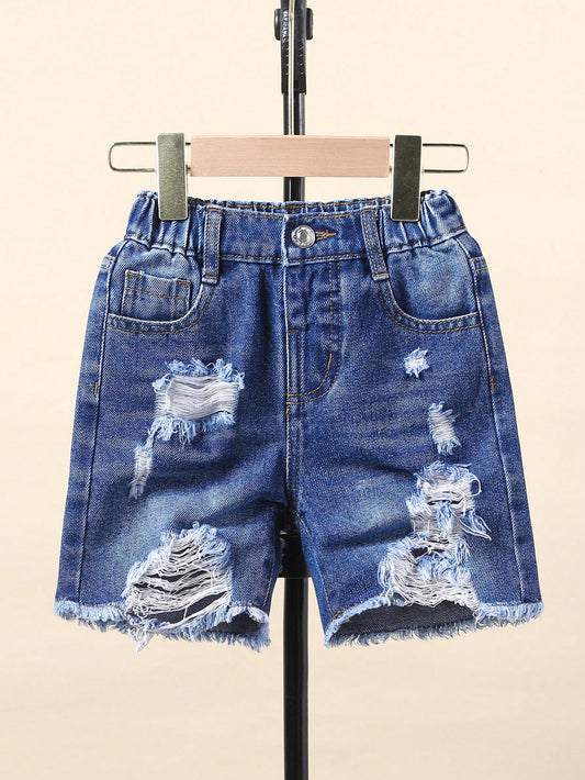 Young Boys Casual Dark Blue Washed, Distressed Elastic Waistband, Frayed Edge Denim Shorts