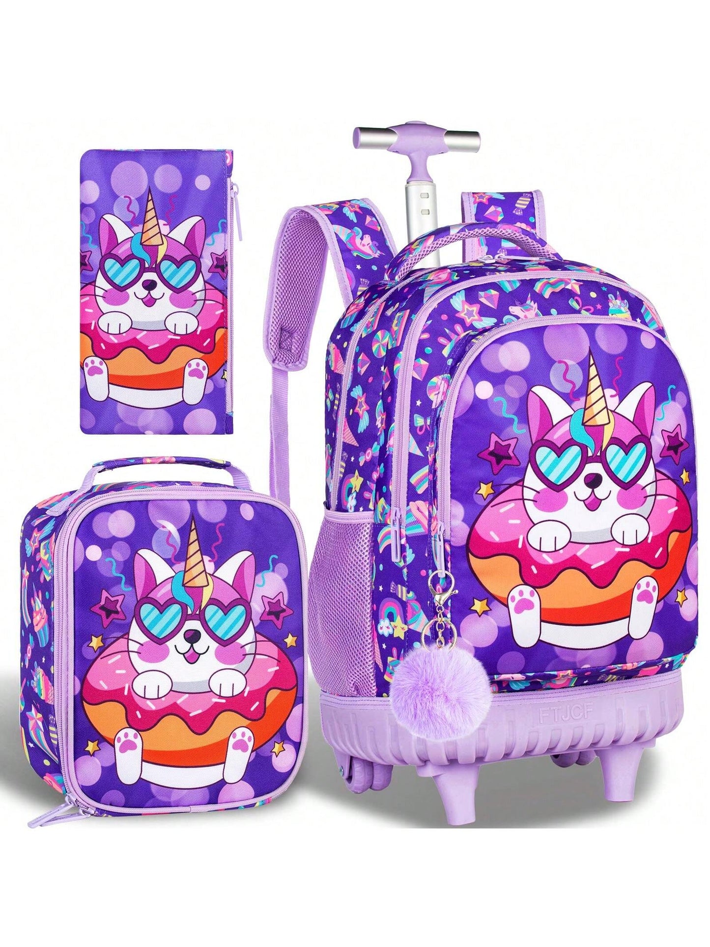 3PCS Rolling Backpack For Girls, 20" Kids Roller Wheels Bookbag, Wheeled School Bag With Lunch Bag - Cat Purple