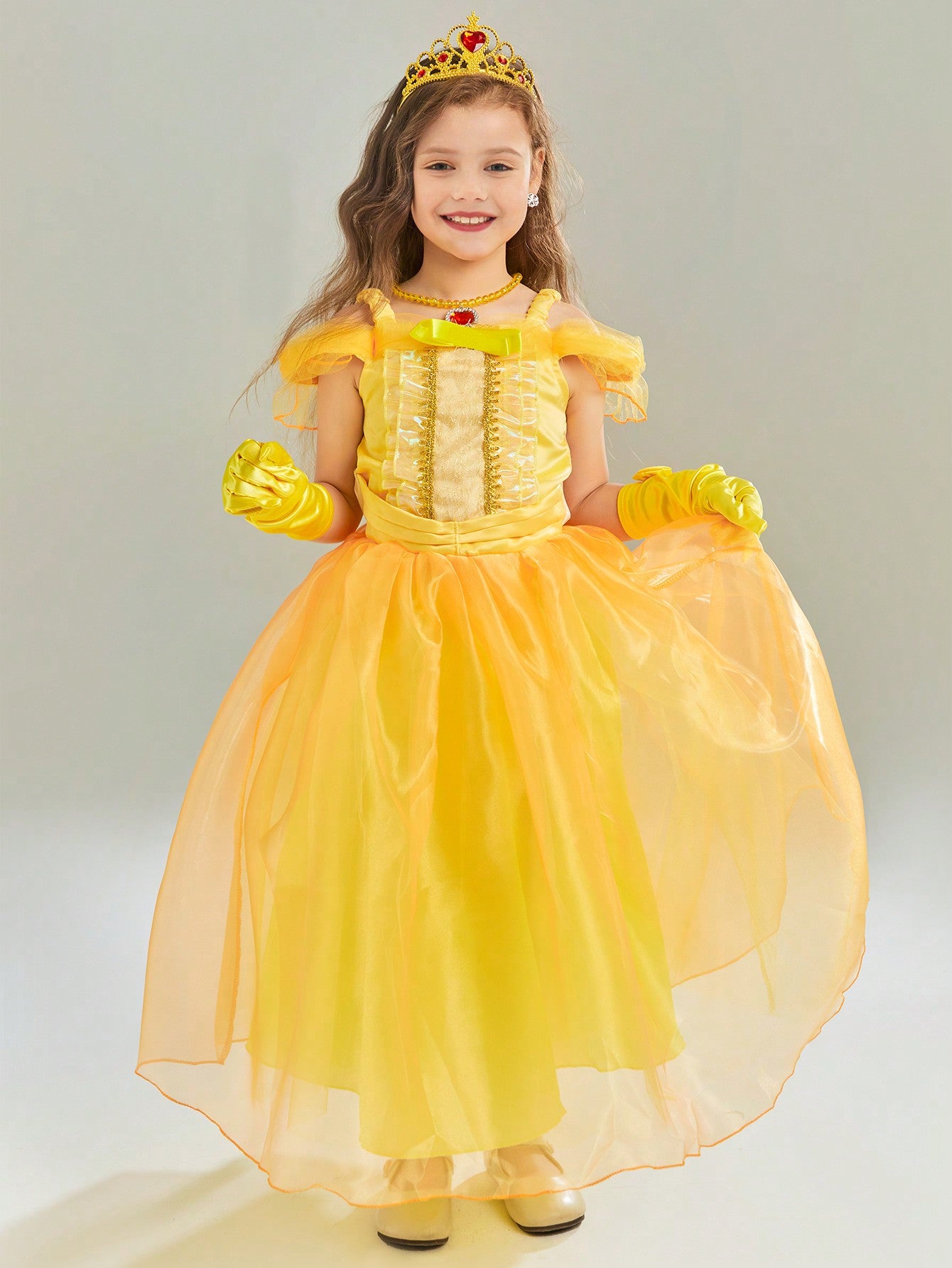 Young Girl Open Shoulder Yellow Mesh Princess Formal Dress