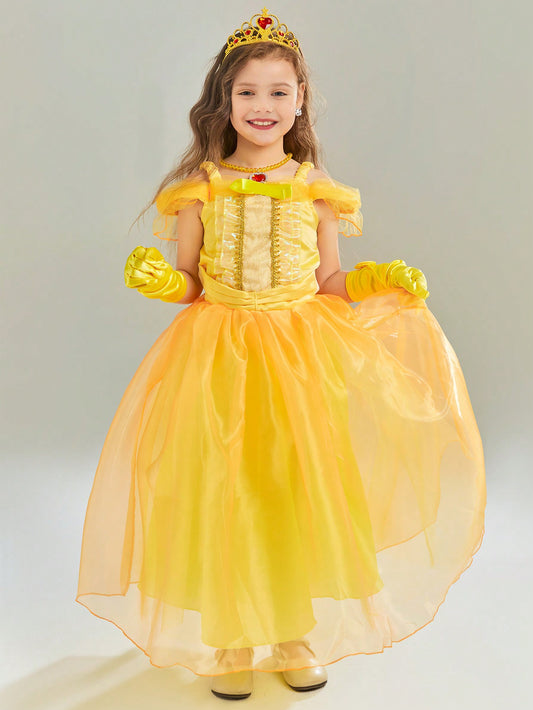 Young Girl Open Shoulder Yellow Mesh Princess Formal Dress