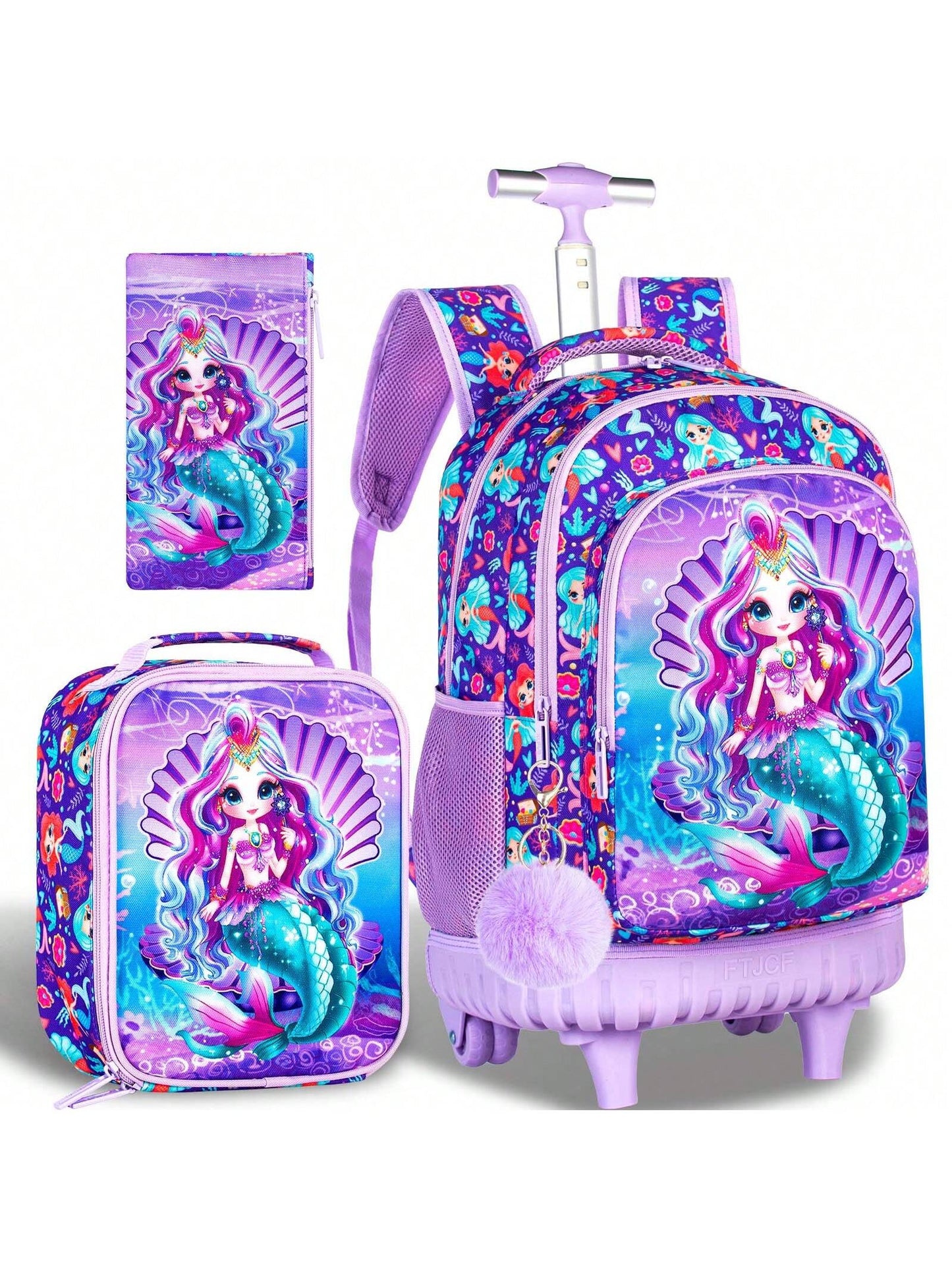 3PCS Rolling Backpack For Girls, 20" Kids Roller Wheels Bookbag, Wheeled School Bag With Lunch Bag - Mermaid Purple