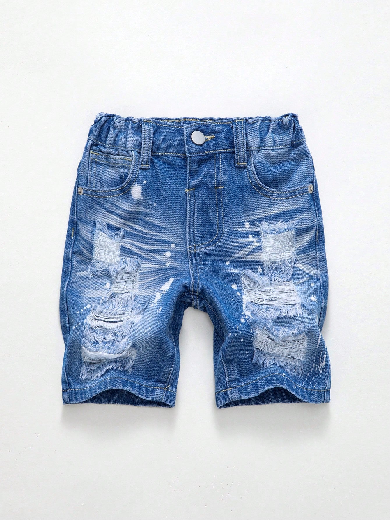 Young Boy Light Wash Ripped Denim Shorts, Fashionable Design