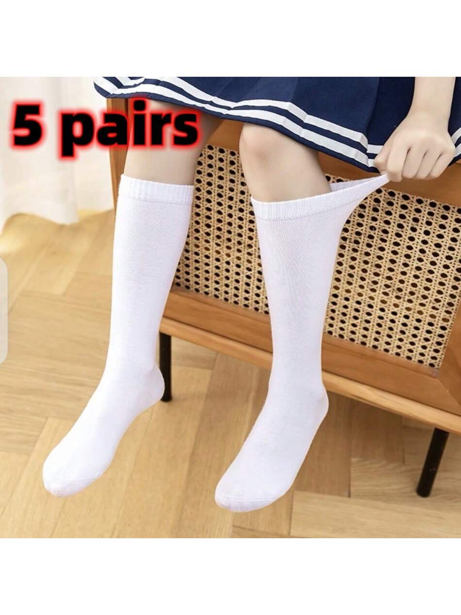 5pairs Children Knee-Height Socks, All Seasons. White, Suitable For School Uniform, Spring/Summer Thin Leg Warmers, Anti-Mosquito Socks