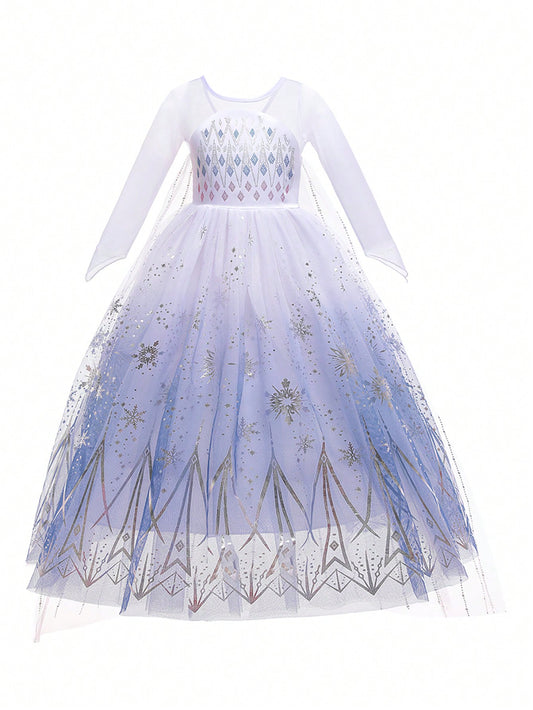 Young Girl Snowflake Patterned Puffy Mesh Dress With Elegant Princess Look, Perfect For Performances, Hosting, Parties And Gifts