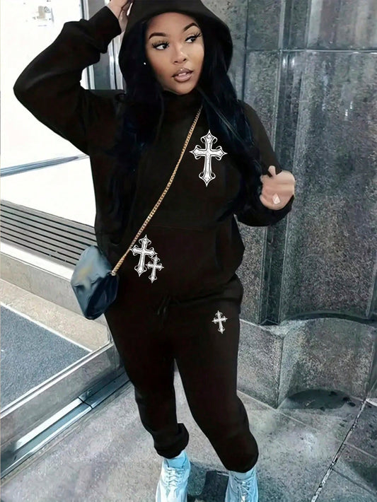 Women's Cross Pattern Hooded Fleece Sweatshirt And Pants Set