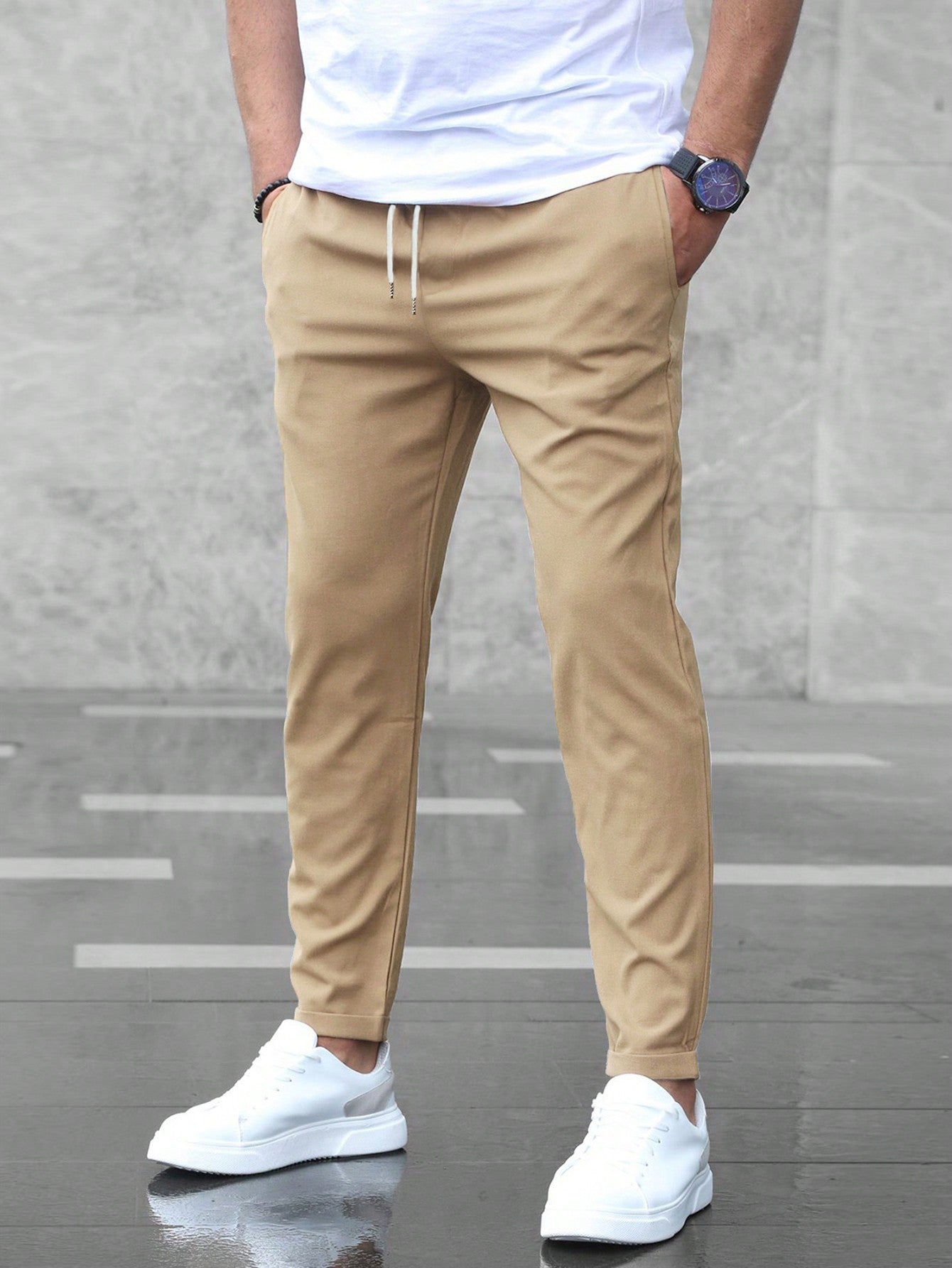 Men Slant Pocket Drawstring Waist Pants