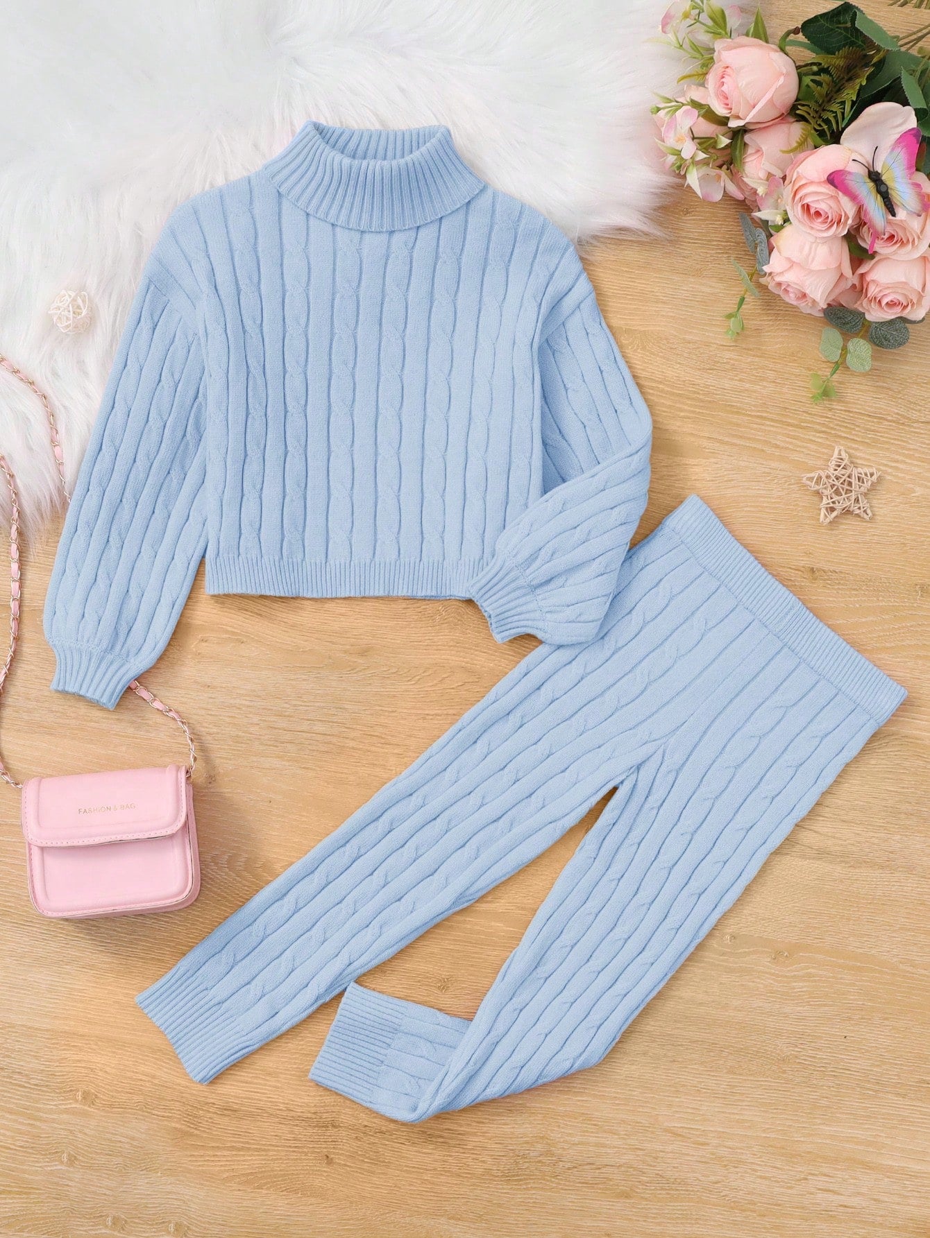 Young Girl Turtleneck Lantern Sleeve Sweater & Knit Pants