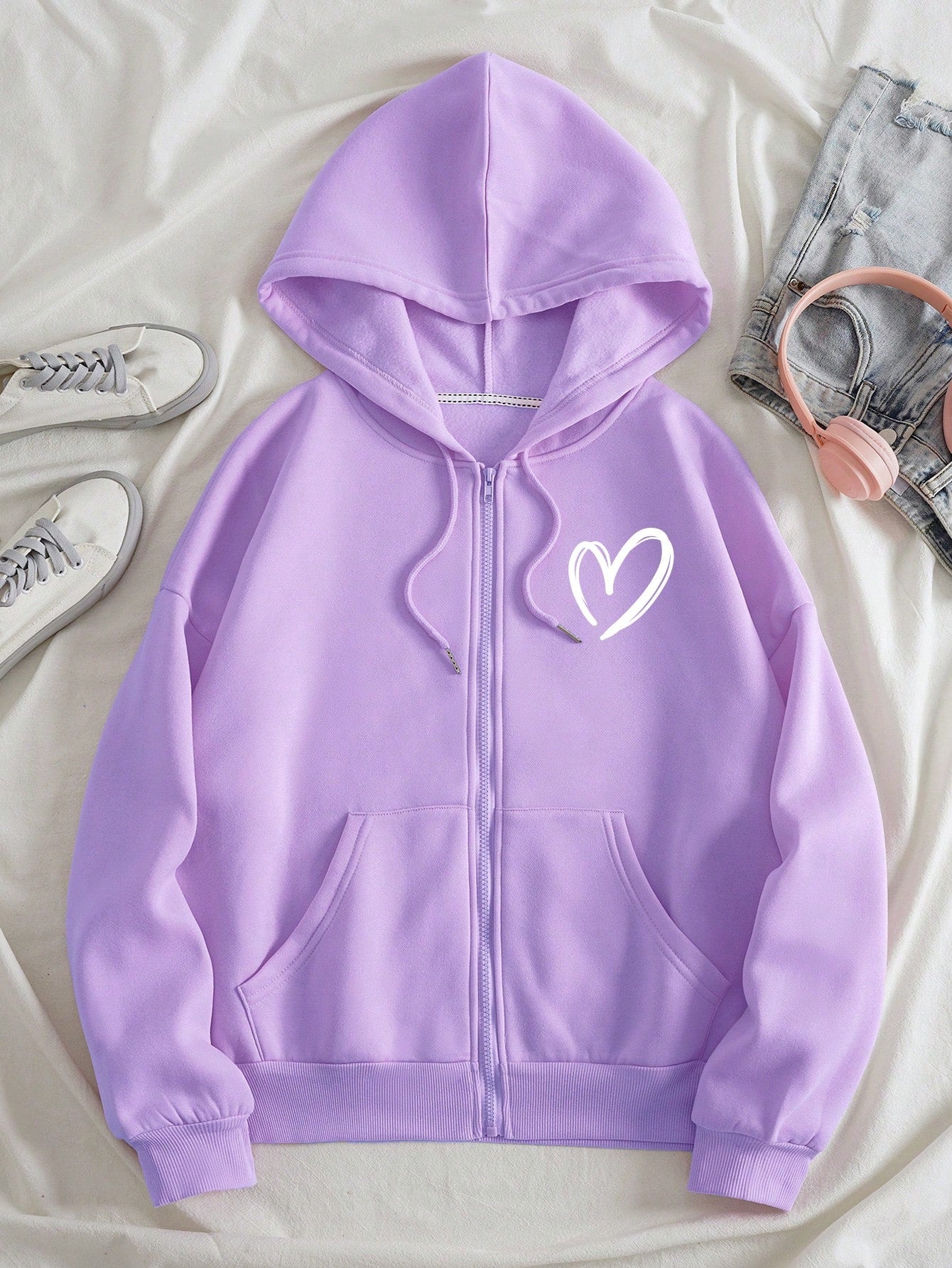 Heart Print Zip Up Drawstring Thermal Lined Hoodie