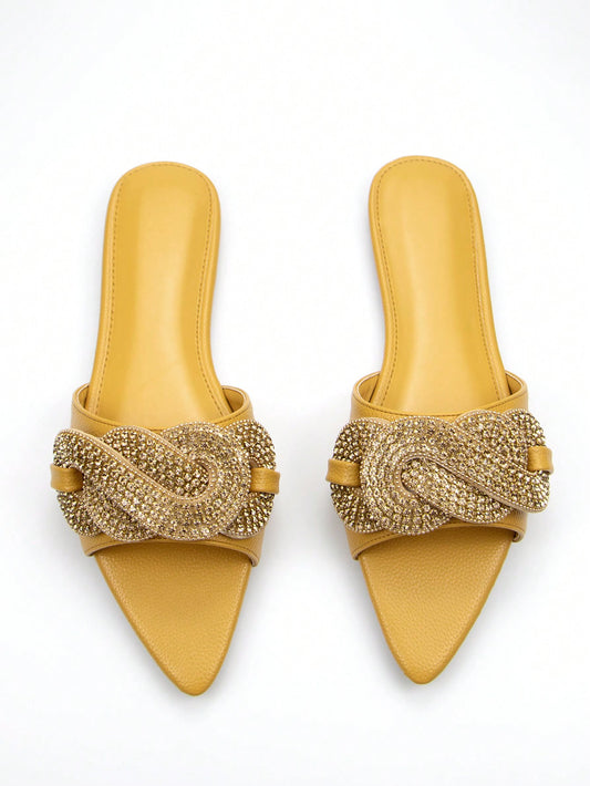 Women's Gorgeous Rhinestone & Chain Decorated Yellow Pointed Toe Flat Sandals For Daily Wear Or Parties