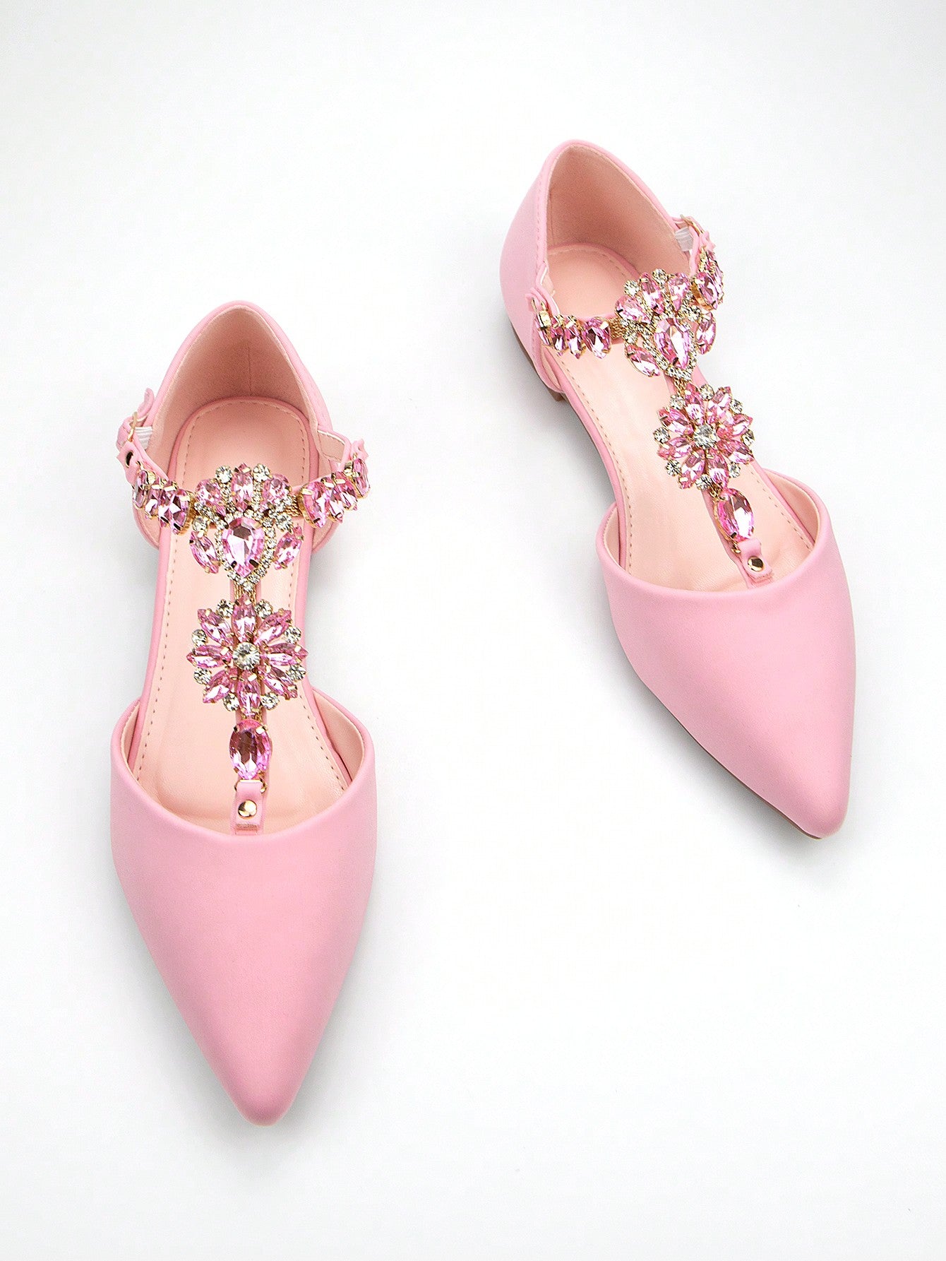 Women's Luxurious Rhinestone Chain Decoration Pink Lycra Material Pointed Toe Hollow Out Flat Shoes With Ankle Strap, For Daily & Party Wear