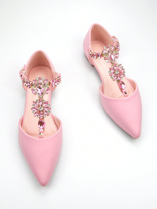 Women's Luxurious Rhinestone Chain Decoration Pink Lycra Material Pointed Toe Hollow Out Flat Shoes With Ankle Strap, For Daily & Party Wear