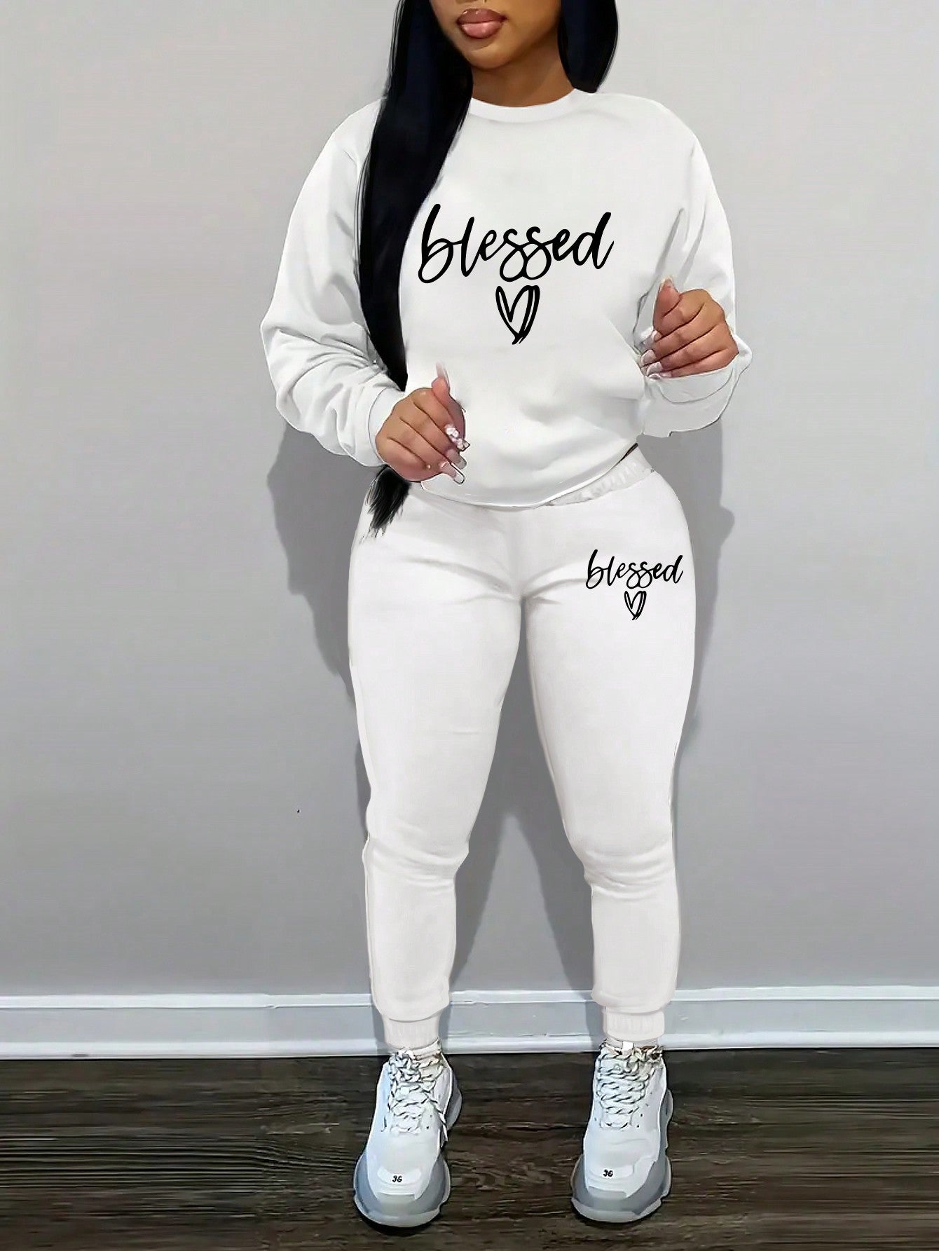 Women's Letter & Heart Printed Fleece Hoodie And Pants Two Piece Set