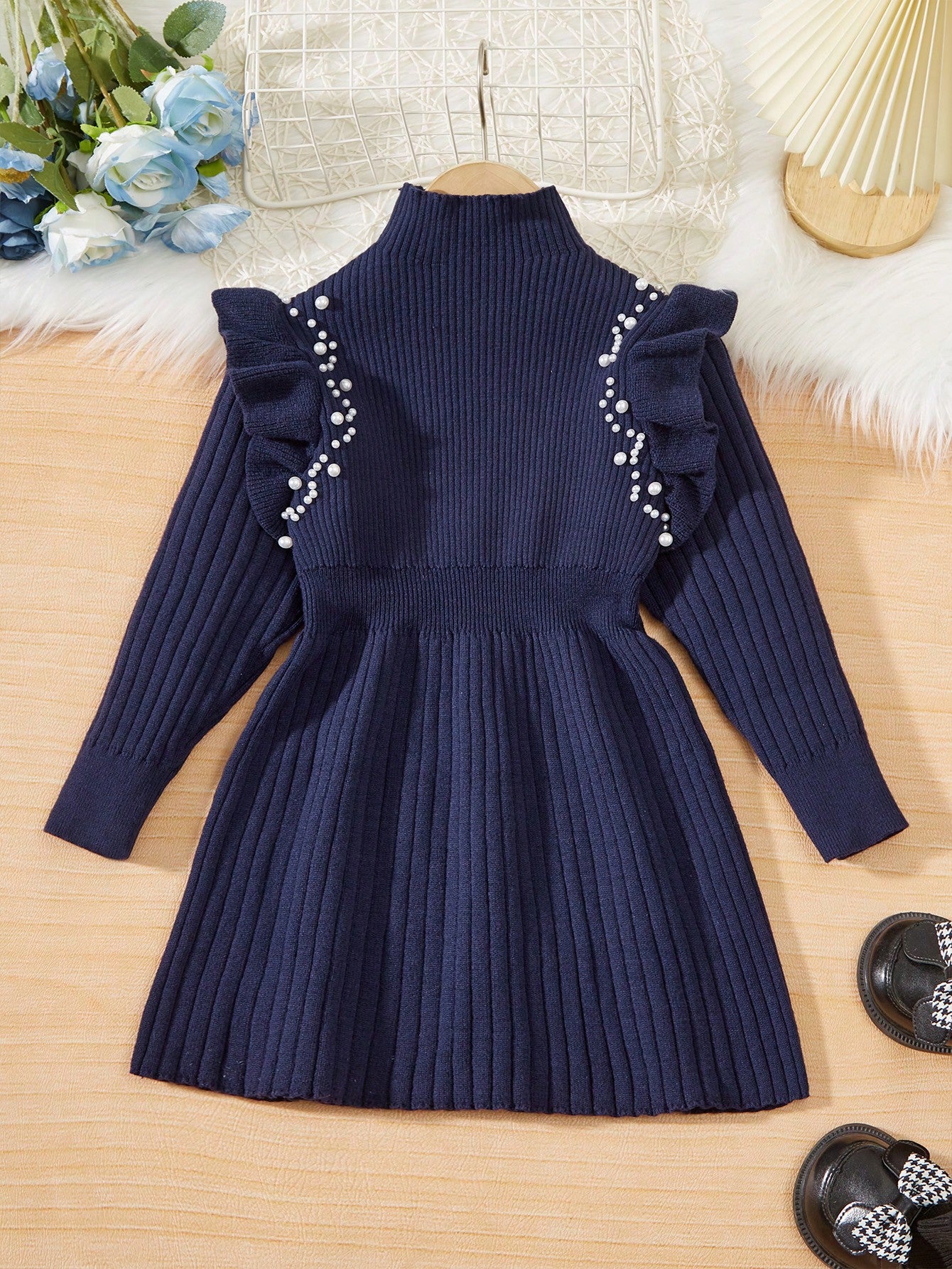 Young Girl Pearl Decorated Mock Neck Sweater Dress With Ruffle Trim