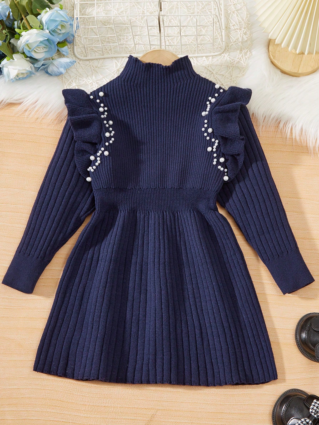 Young Girl Pearl Decorated Mock Neck Sweater Dress With Ruffle Trim