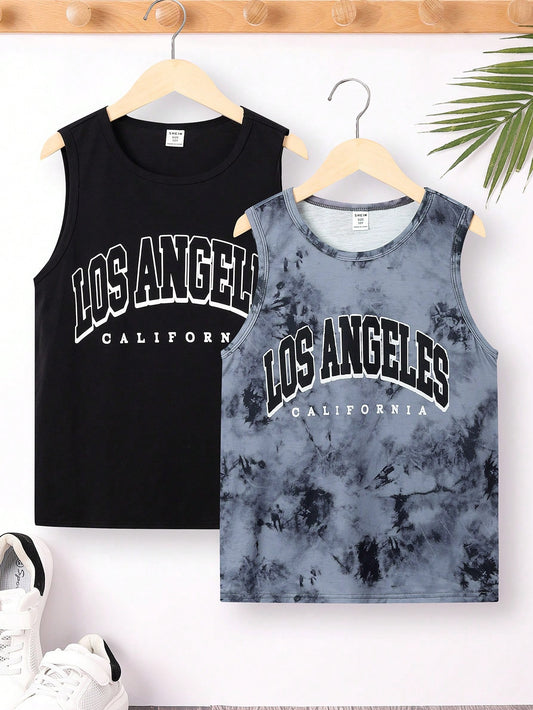 Tween Boy Loose Fit Round Neck Tank Tops Set With Letter Prints, 2pcs