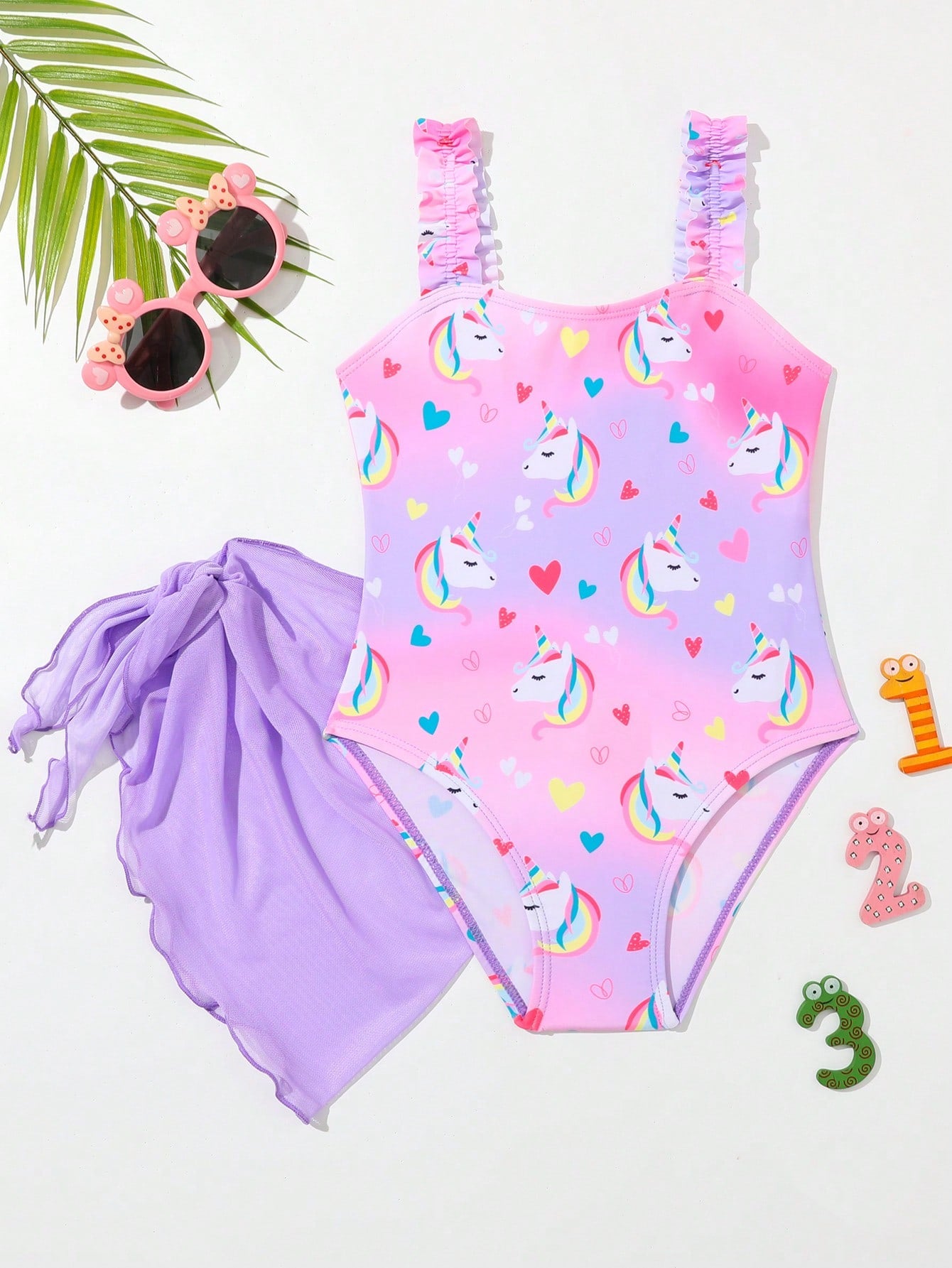 Young Girl Unicorn Printed One Piece Swimsuit With Strap And Matching Cover-Up