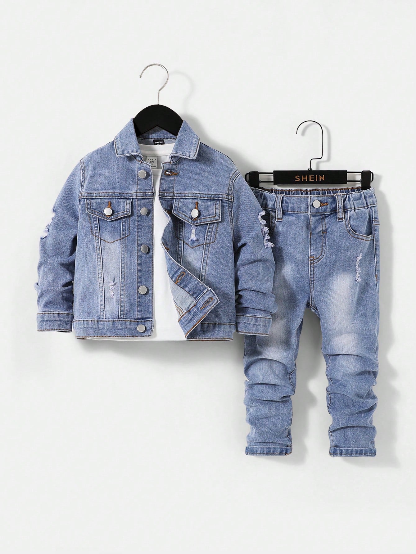 Young Boy Distressed Mid-Rise Light Blue Jeans And Loose Fit Distressed Long Sleeve Light Blue Denim Jacket Casual Street Style Cool Outfits