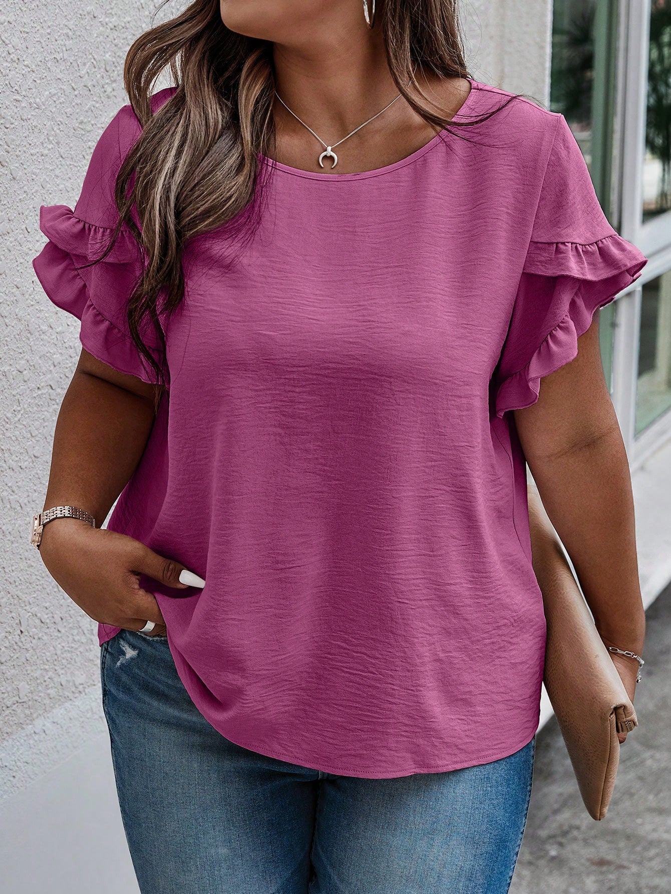 Plus Solid Ruffle Trim Blouse