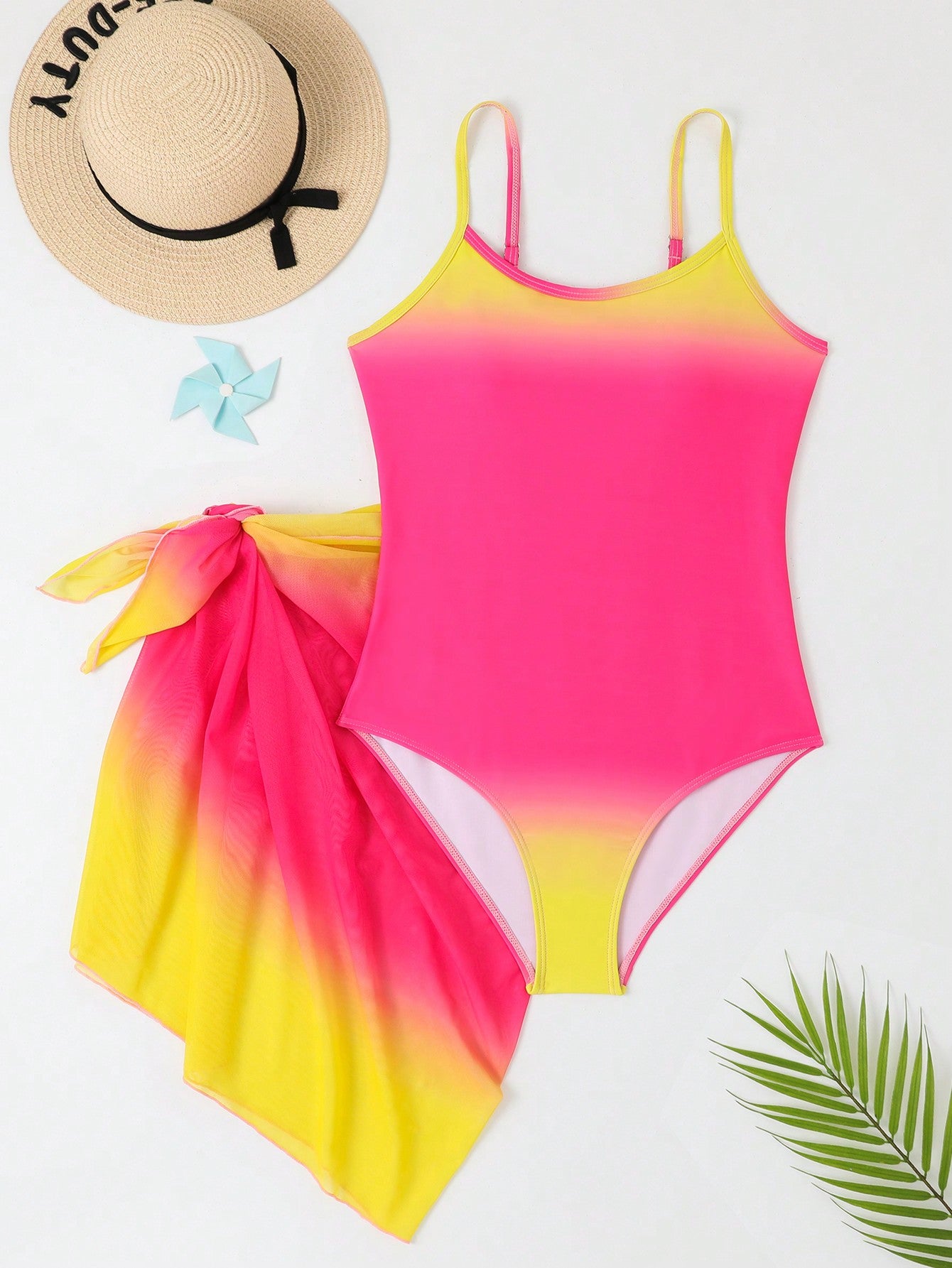 Teenage Girls' One-Piece Swimsuit With Ombre Mesh Cover-Up Skirt