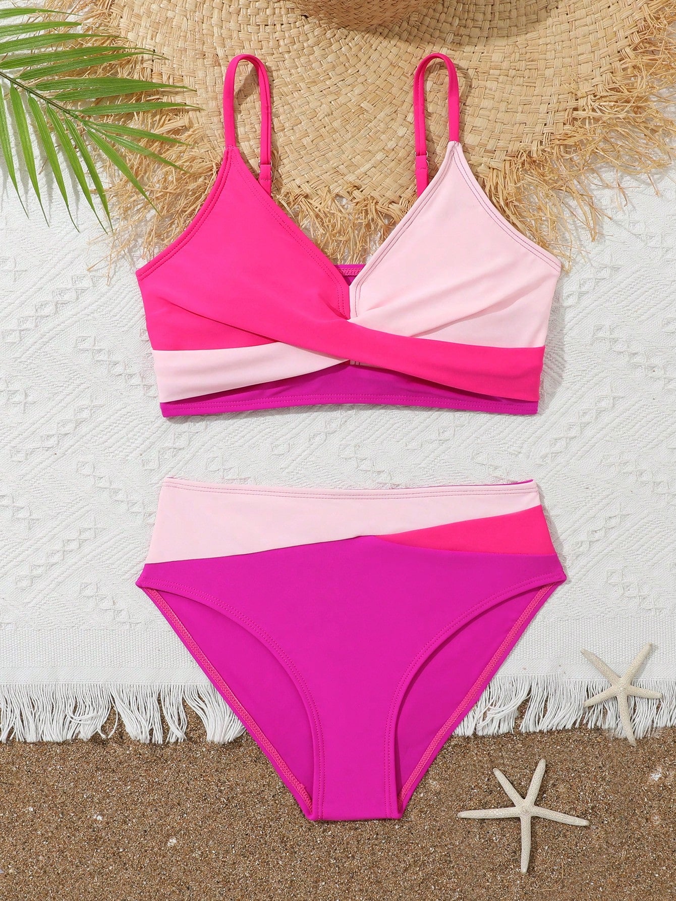 Tween Girl Two Pieces Bikini Set, Colorblock Style Summer Beach