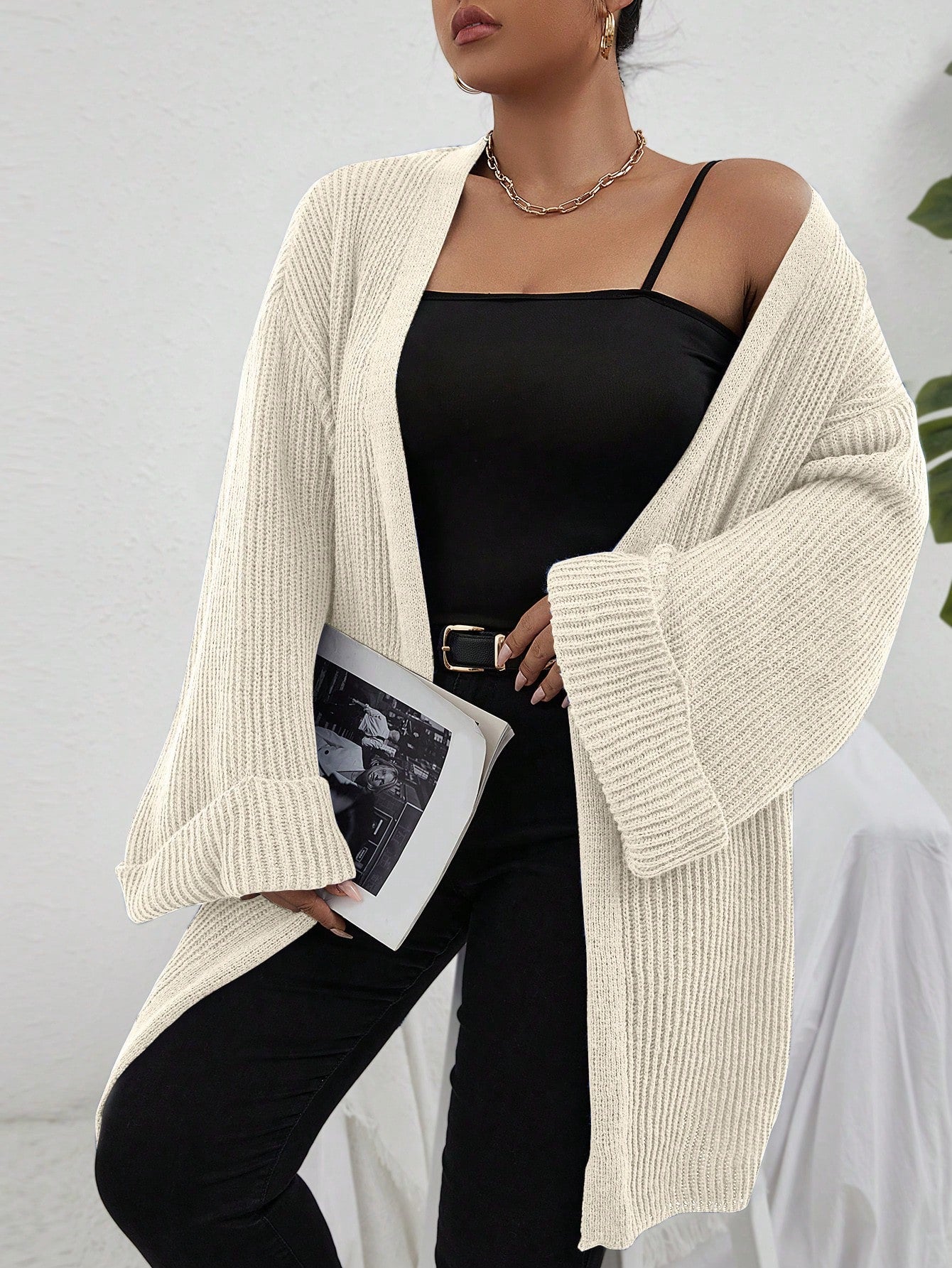 Plus Drop Shoulder Open Front Cardigan