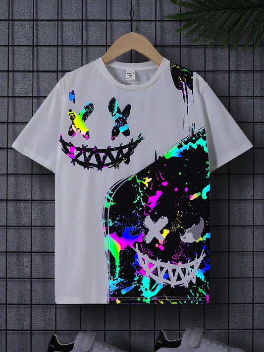 Tween Boy Loose Casual Round Neck Luminous Print Short-Sleeved T-Shirt