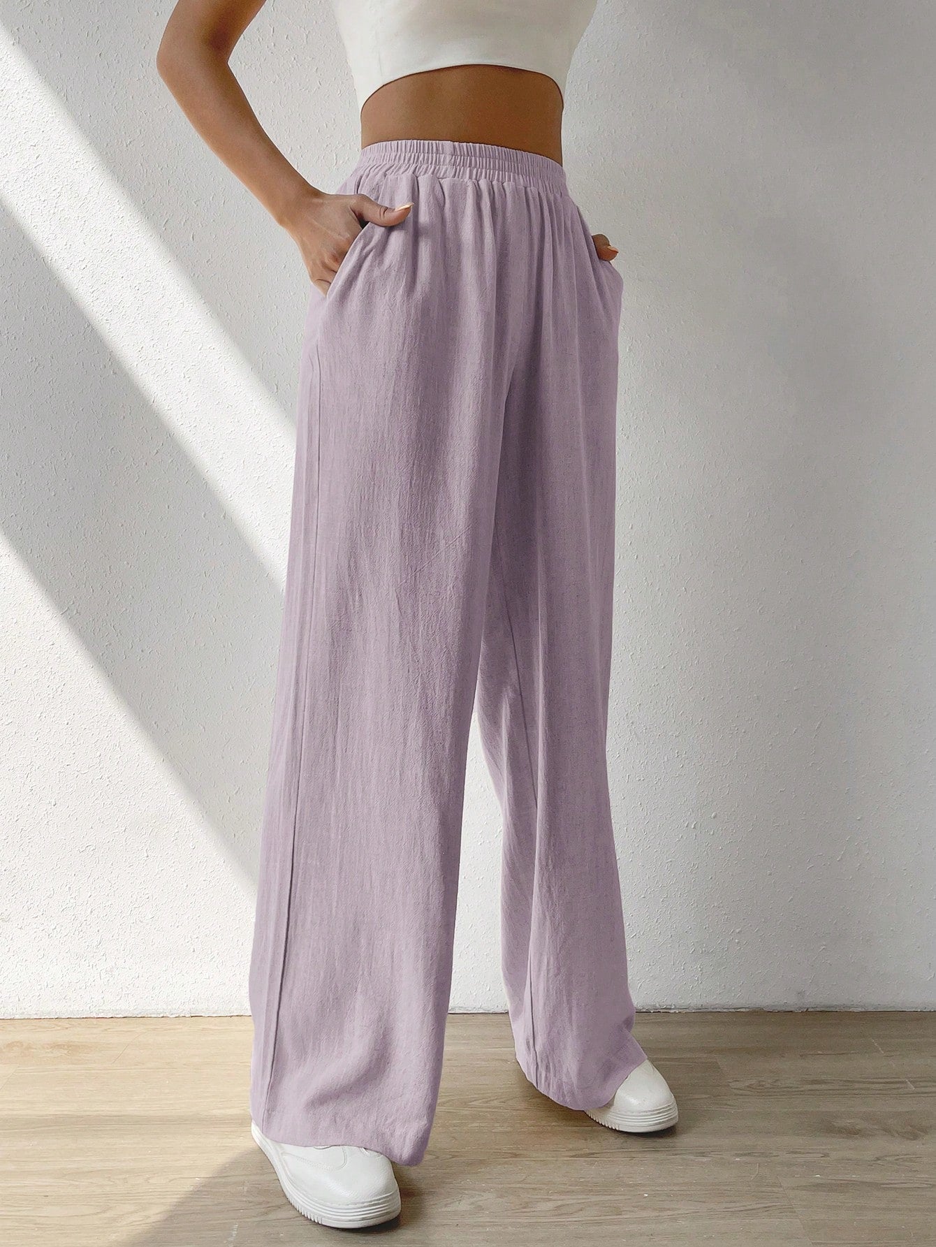 Casual Solid Slant Pocket Linen Wide Leg Pants, Summer Vocation