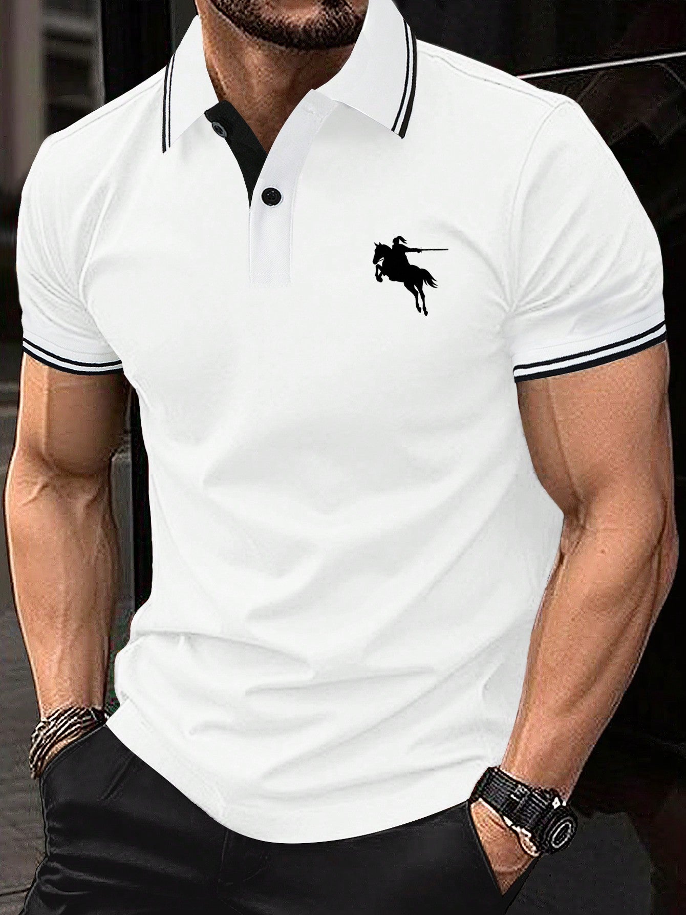 Men Horse Print Striped Trim Polo Shirt