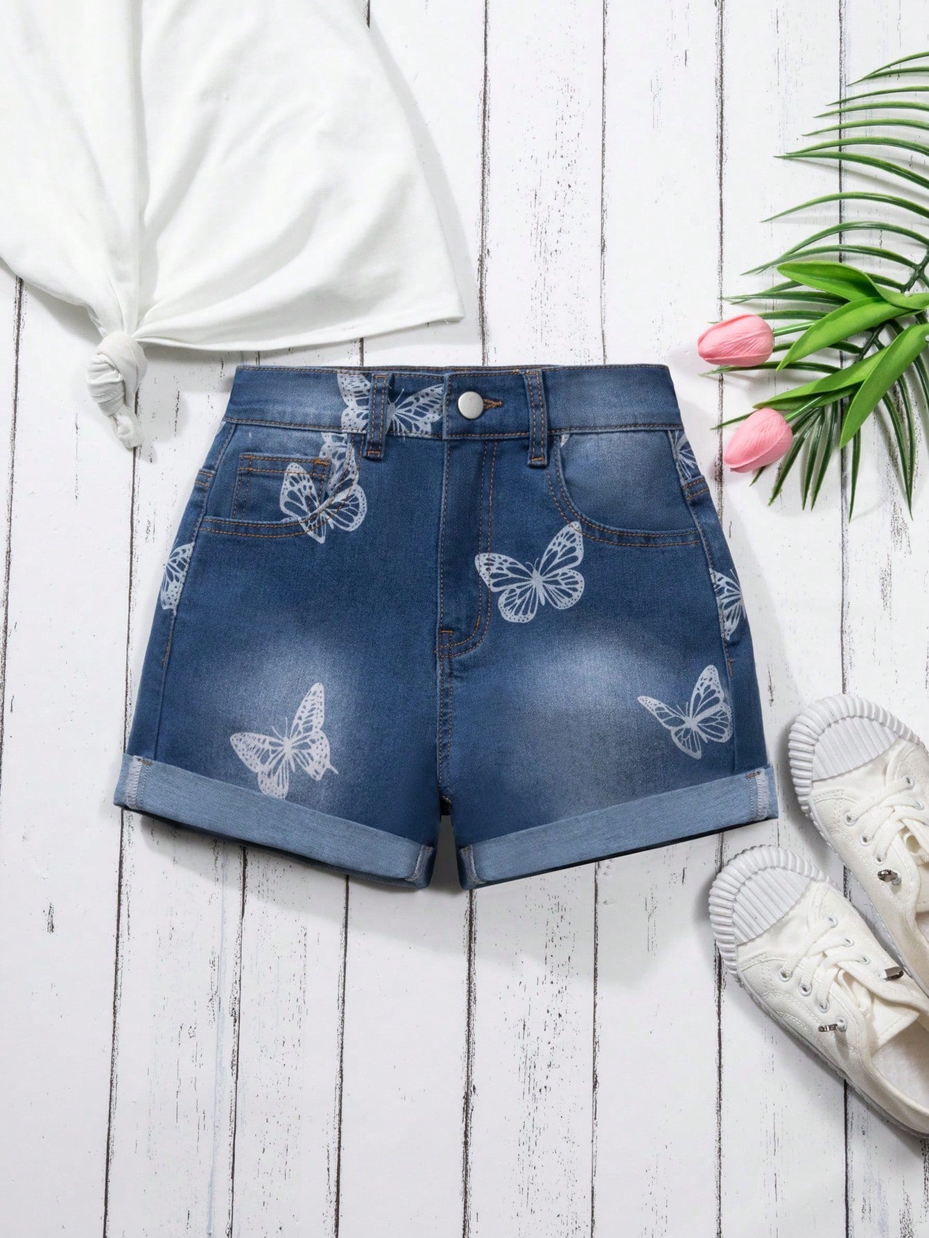 Tween Girl Casual Street Style Butterfly Printed Elastic Roll-Up Denim Shorts