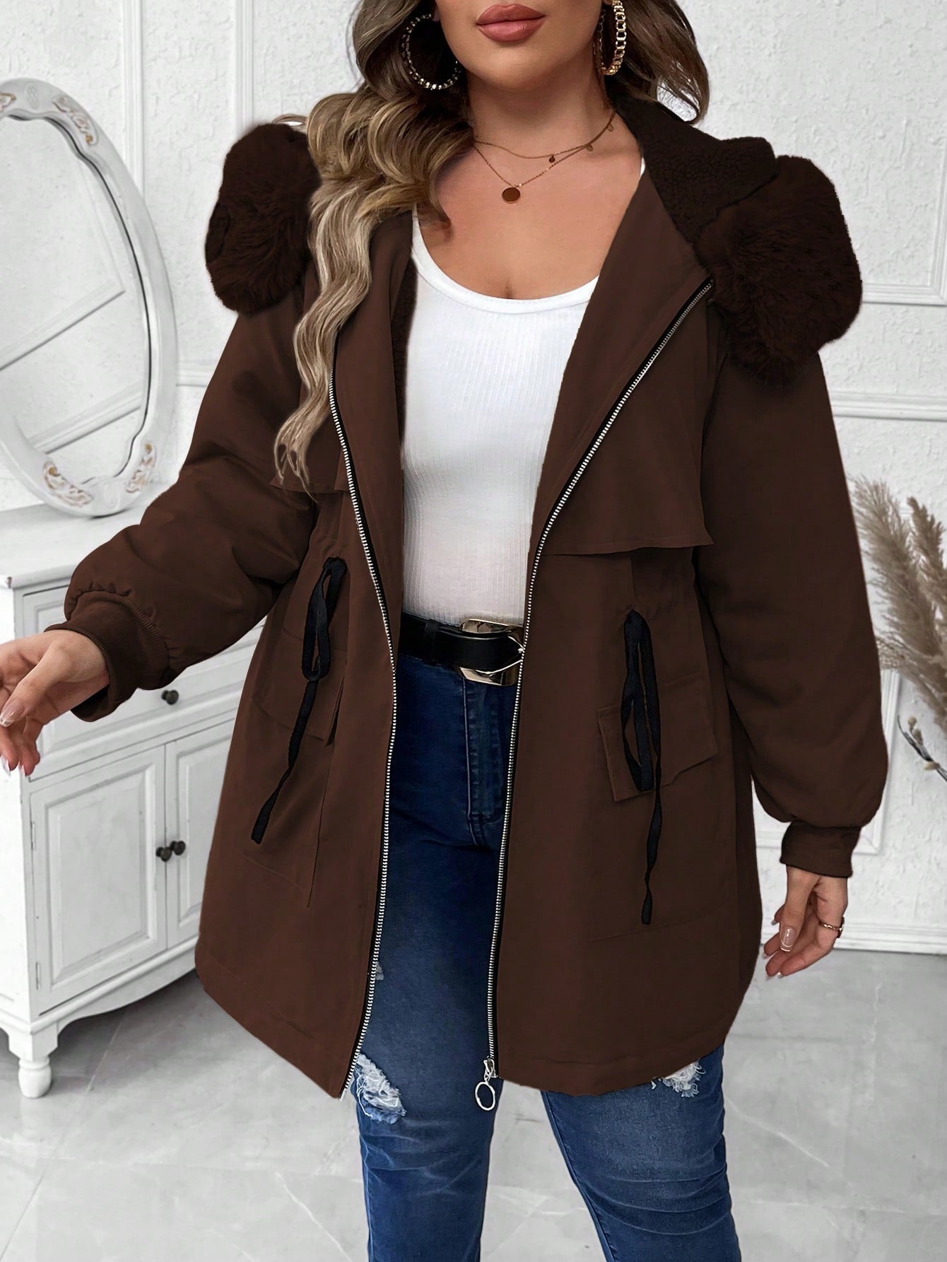 Plus Drawstring Waist Fuzzy Trim Hooded Parka Coat