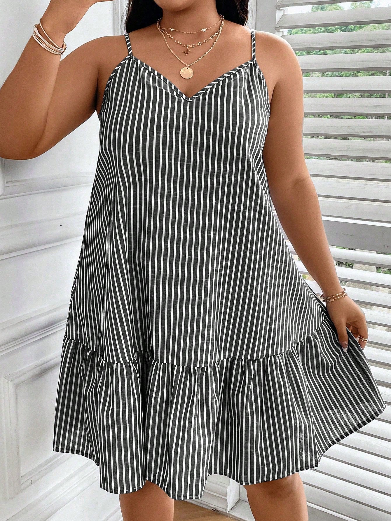 Plus Striped Print Ruffle Hem Cami Dress