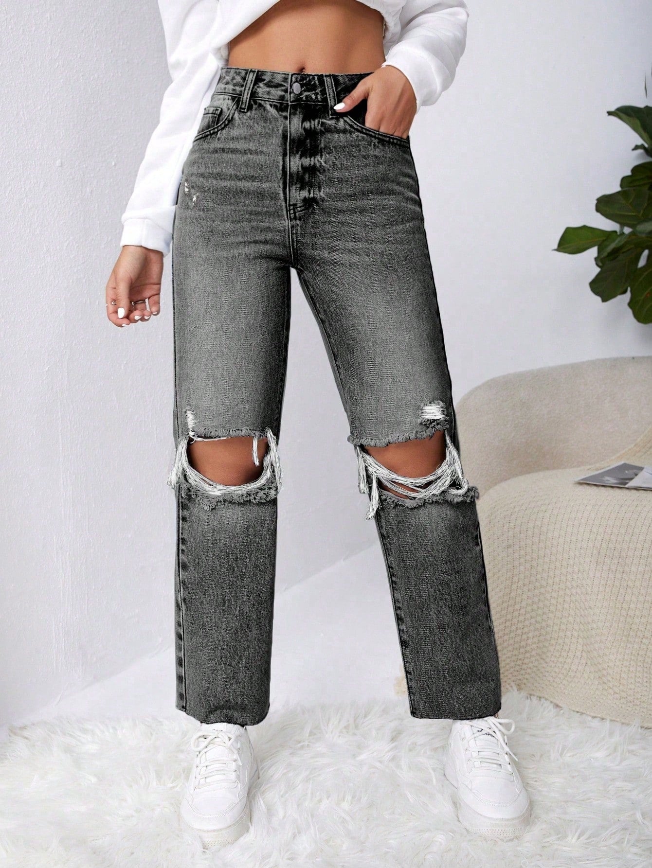 Ripped Raw Cut Straight Leg Jeans